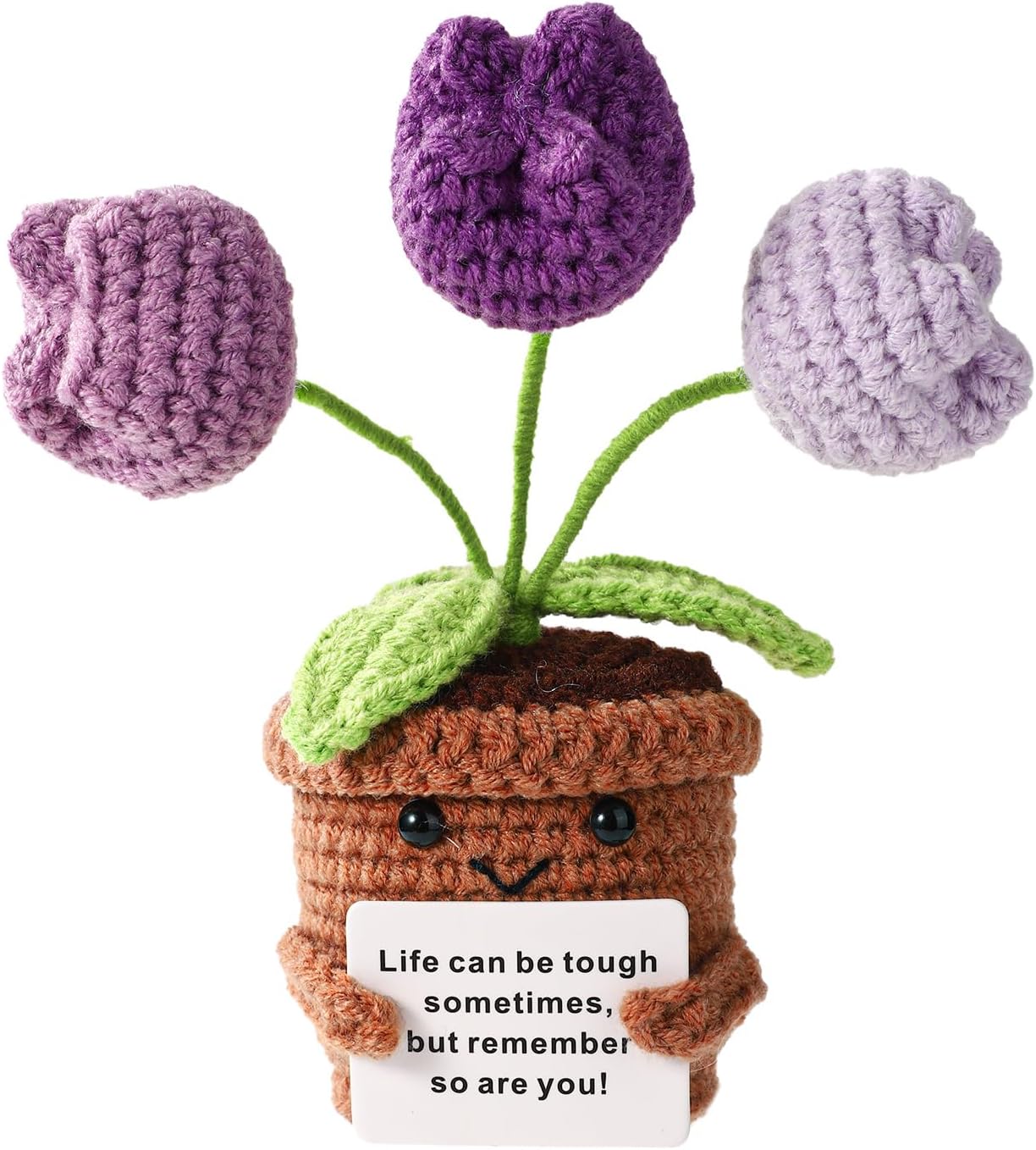 Positive Tulip, Soft Knitted Crochet Tulip with Encouragement Card Inspirational Positive Plant Crochet Flower Wool Doll Emotional Pot Plush Support Gifts for Men Women