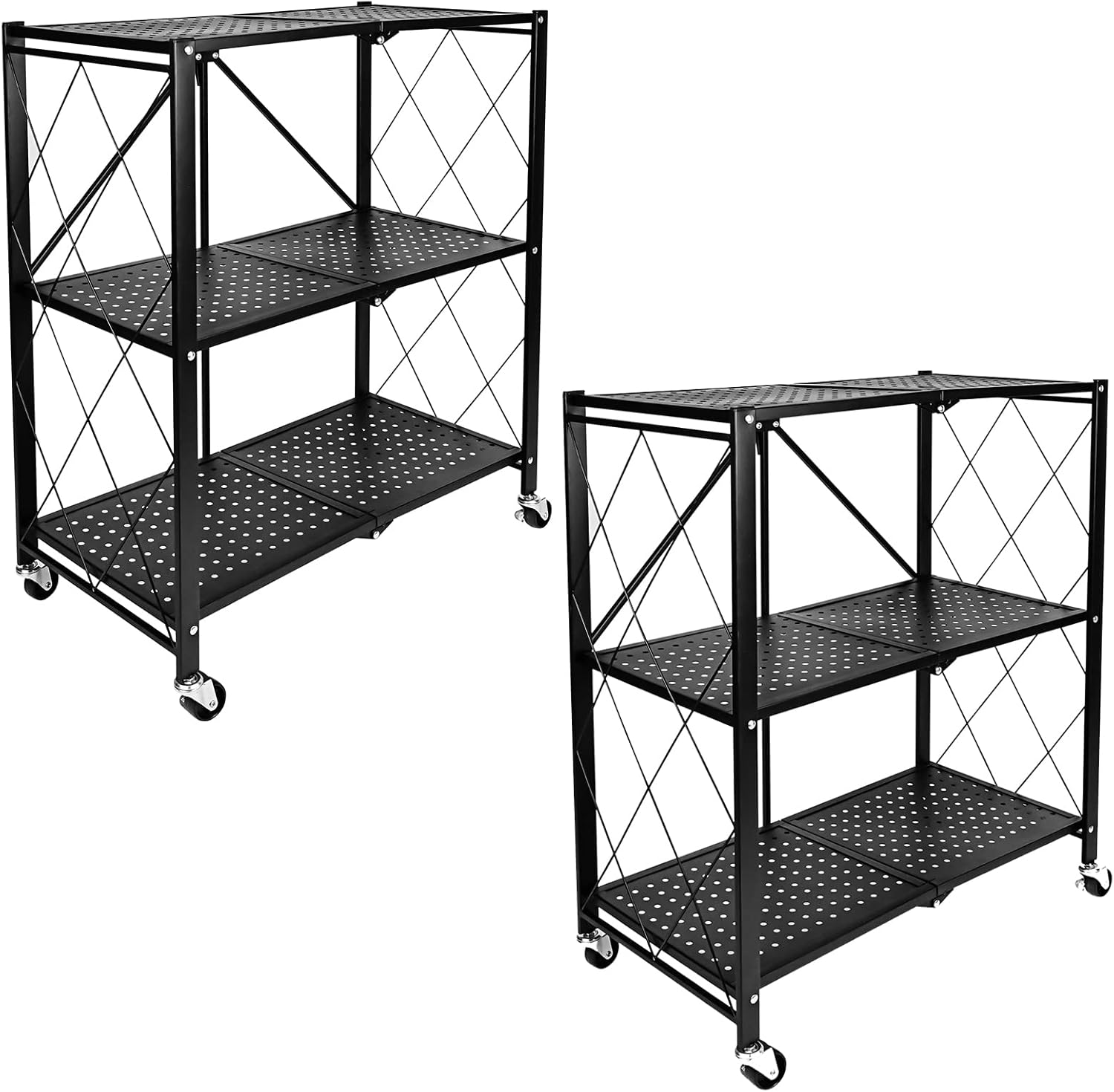 HealSmart 3-Tier Foldable Metal Shelves Heavy Duty Storage Shelving Unit with Wheels, Organizer Shelves for Garage Kitchen Holds up to 750 lbs Capacity, Black，2 Pack