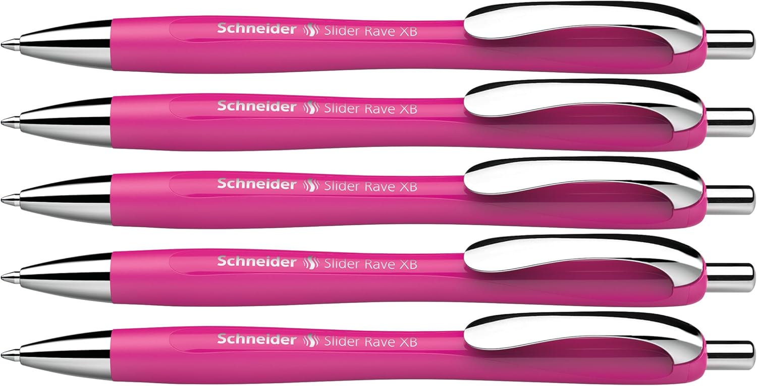 Schneider Limited Edition Slider Rave Colors, XB (Extra Broad) Ballpoint Pen, Refillable + Retractable, 1.4 mm, Power Pink Barrel, Blue Ink, Box of 5 Pens (132509)