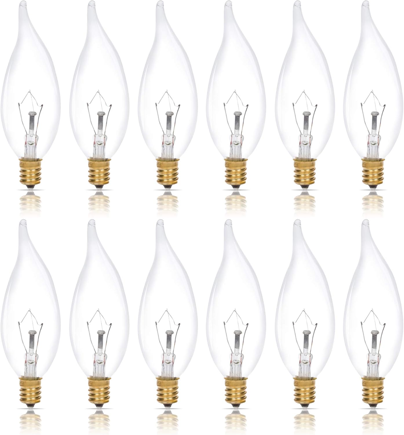 Simba Lighting Candelabra Flame Tip Clear CA10 25W E12 Base (12 Pack) Decorative Incandescent Light Bulbs 120V for Chandeliers, Ceiling Fan Lights, Pendants, Wall Sconces, Dimmable, Warm White 2700K