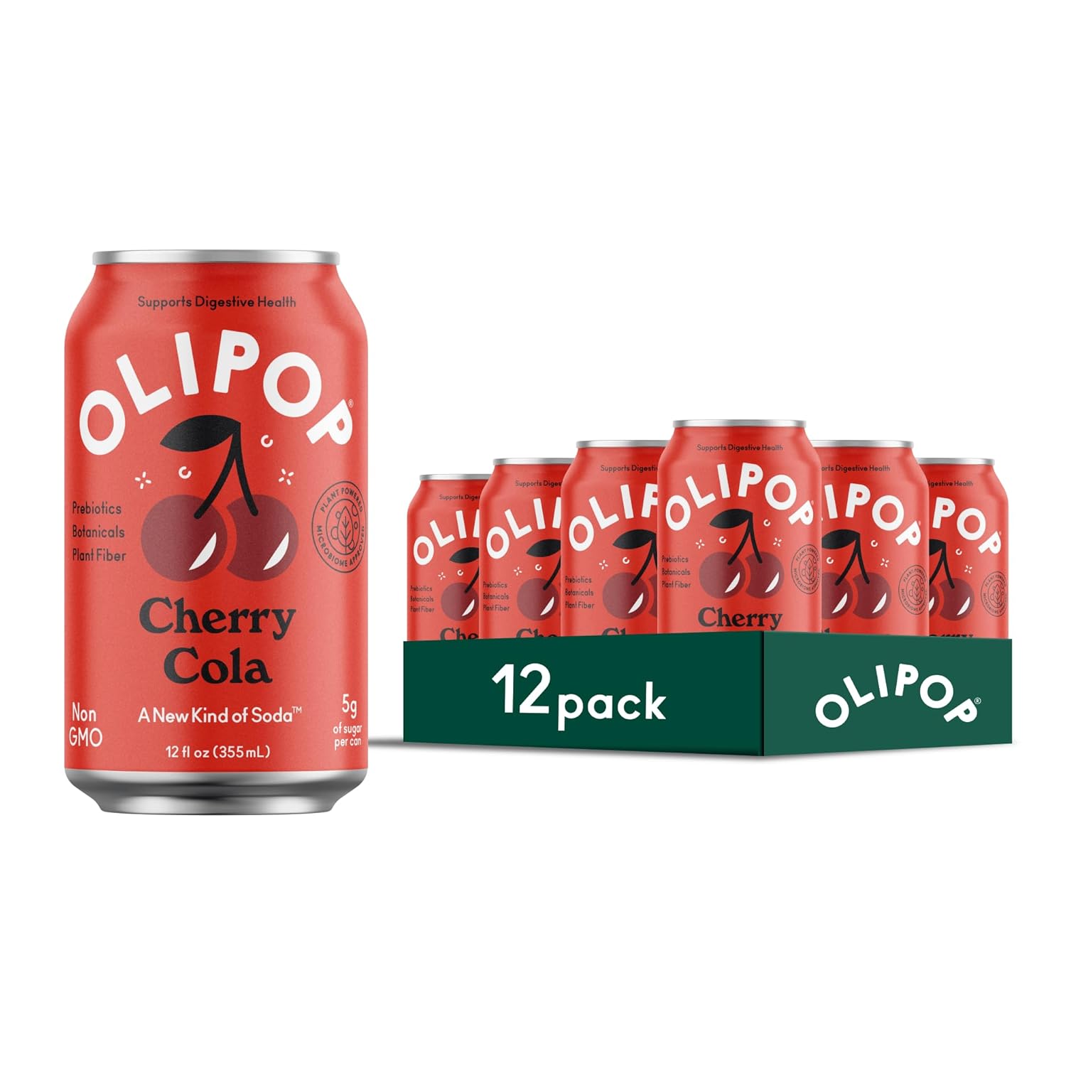 OLIPOP Prebiotic Soda Pop, Cherry Cola, Pantry Pack Packed with Prebiotics, Fiber, and Botanicals, Gluten Free, Vegan, GMO Free, 12oz (12-Cans)