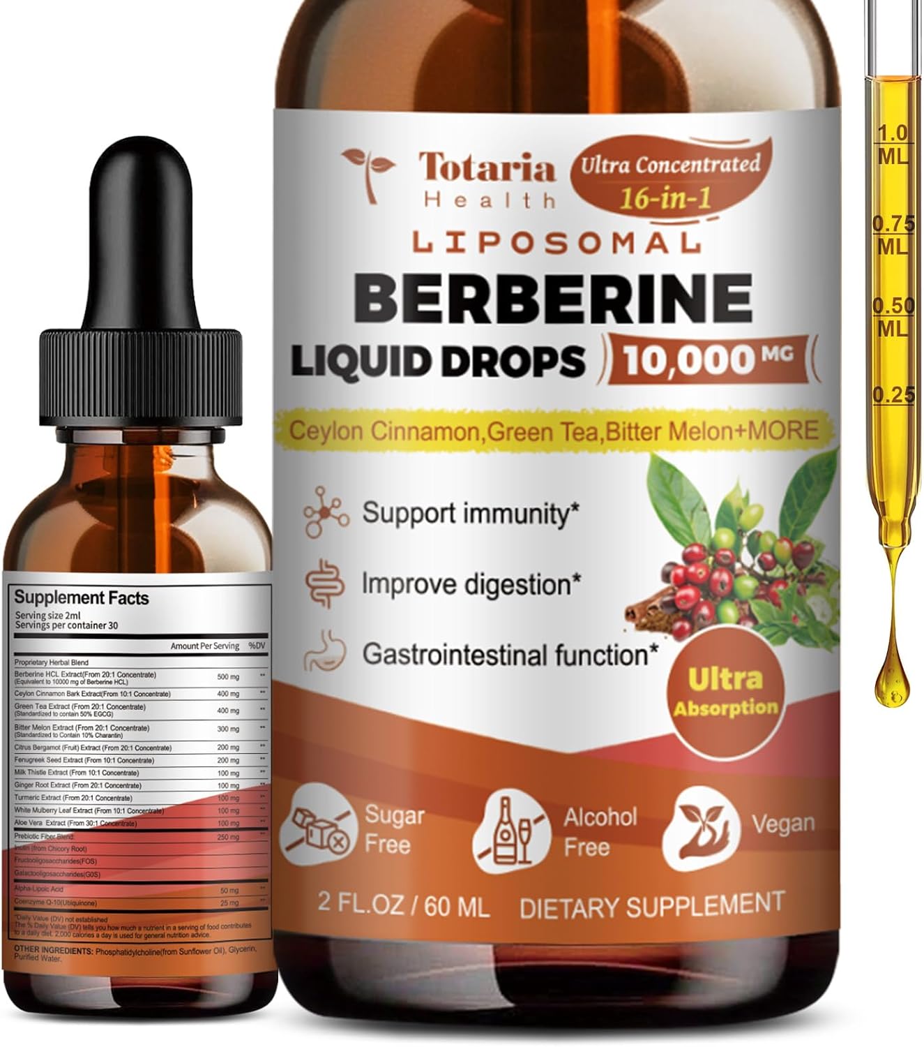 Berberine Liquid Drops Supplement - Berberine HCL Digestion Support Increase GLP-1 Levels, AMPK Activator with Ceylon Cinnamon, Green Tea, Bitter Melon, Citrus Bergamot - 2 Fl Oz