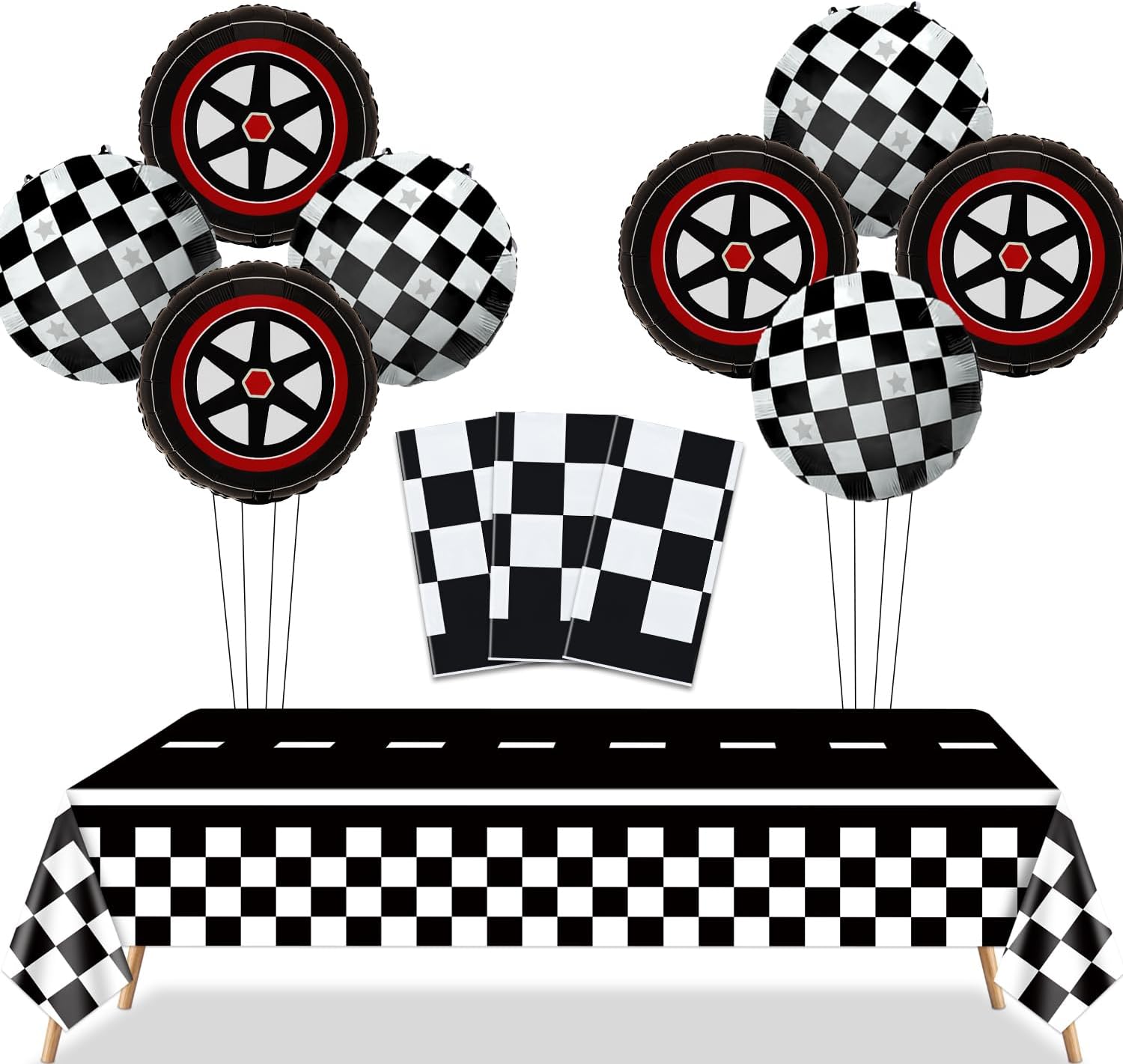 PIXHOTUL Race Car Party Decorations - 3 Pcs Checkered Race Track Tablecloths, 8 Pcs Foil Race Car Balloons Black Checkered Flag Table Cover for Kids and Adults Race Car Birthday Party Supplies