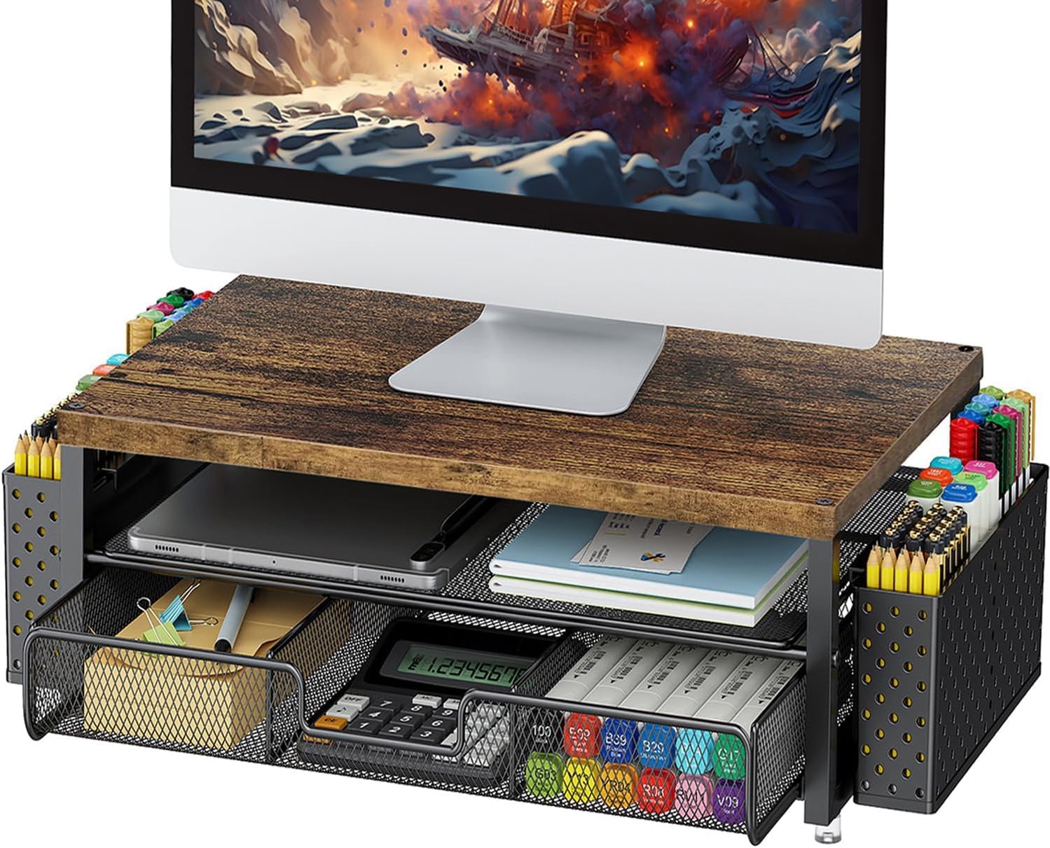 gianotter Monitor Stand Riser, Office Desk Shelf Organizer, Desk Organizer with Drawer and Pen Holder, 2-Tier Computer Stand, Office Organization (Wood)