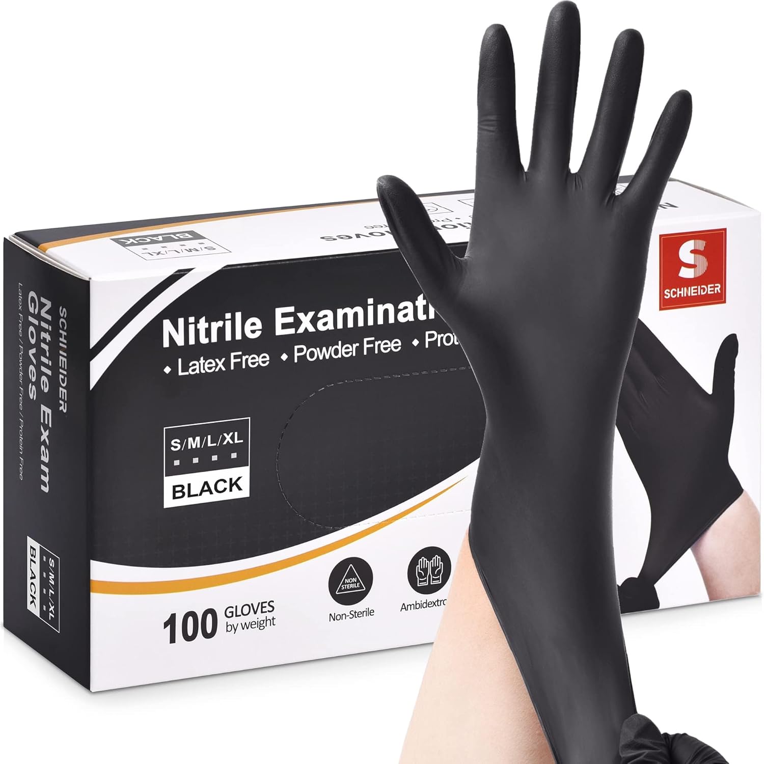 Schneider Nitrile Exam Gloves, Black, Medium, 100-ct Box, 4-mil, Latex-Free, Powder-Free, Food-Safe
