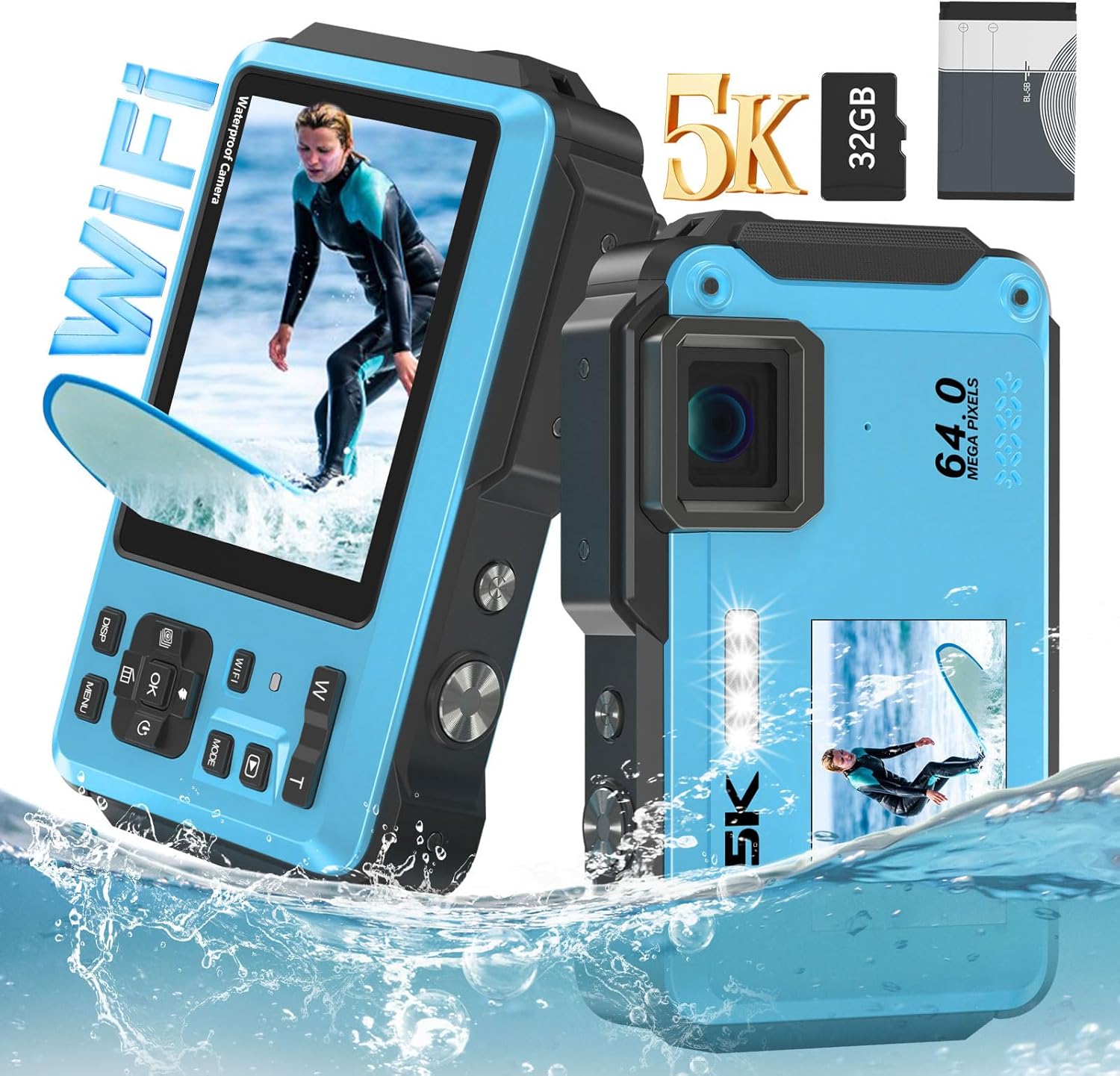 Underwater Camera, 5K 64MP 16FT Waterproof Digital Camera, WiFi 16X Digital Zoom Dual-Screen Selfie Underwater Camera for Snorkeling Travel Water Camera with Fill Light, Lanyard & 32GB TF Card (Blue)
