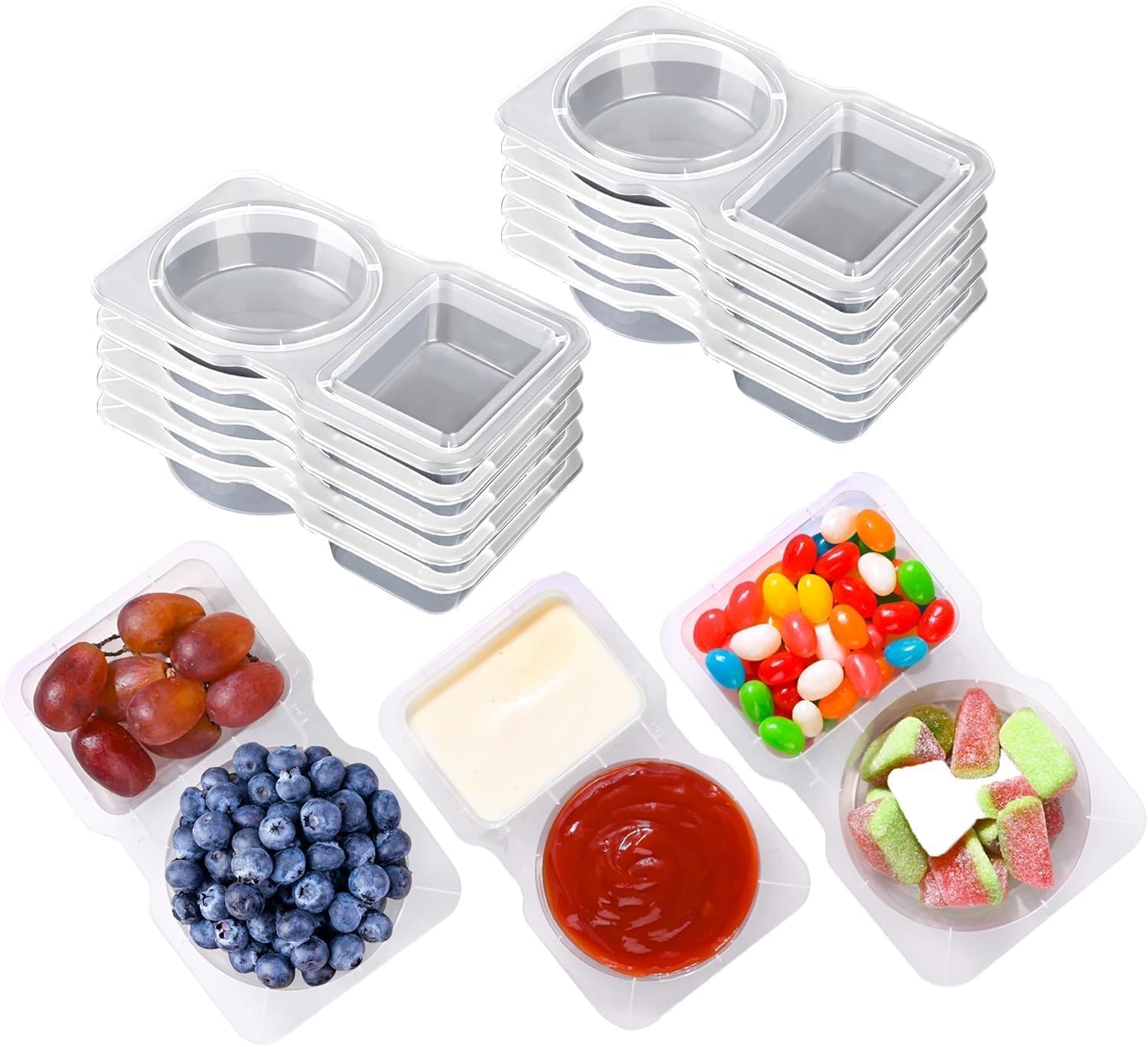 20 Sets Reusable Snack Pack Containers, Double Compartment Snack Containers with Lids, Thickened and Portable Sauce Condiment and Dip Containers for Picnic/Work Lunch