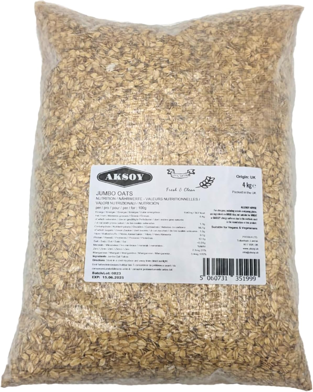 Jumbo Oats 4KG – Premium Quality, 100% Wholegrain Rolled Oats, High in Fiber and Protein, Vegan Friendly, Ideal for Breakfast, Smoothies, Baking, and Meal Prep