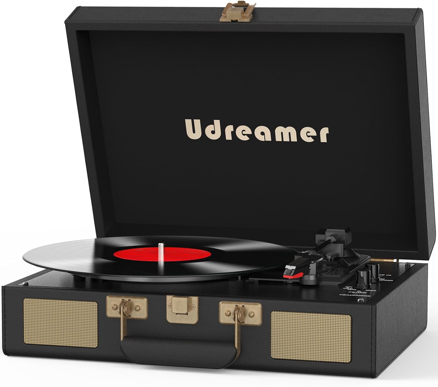 Vinyl Record Player Suitcase with Built-in Speakers, Portable Turntable with RCA, Line in,Bluetooth and Headphone Jack for Records, Vintage LP Player in PU Leather Black