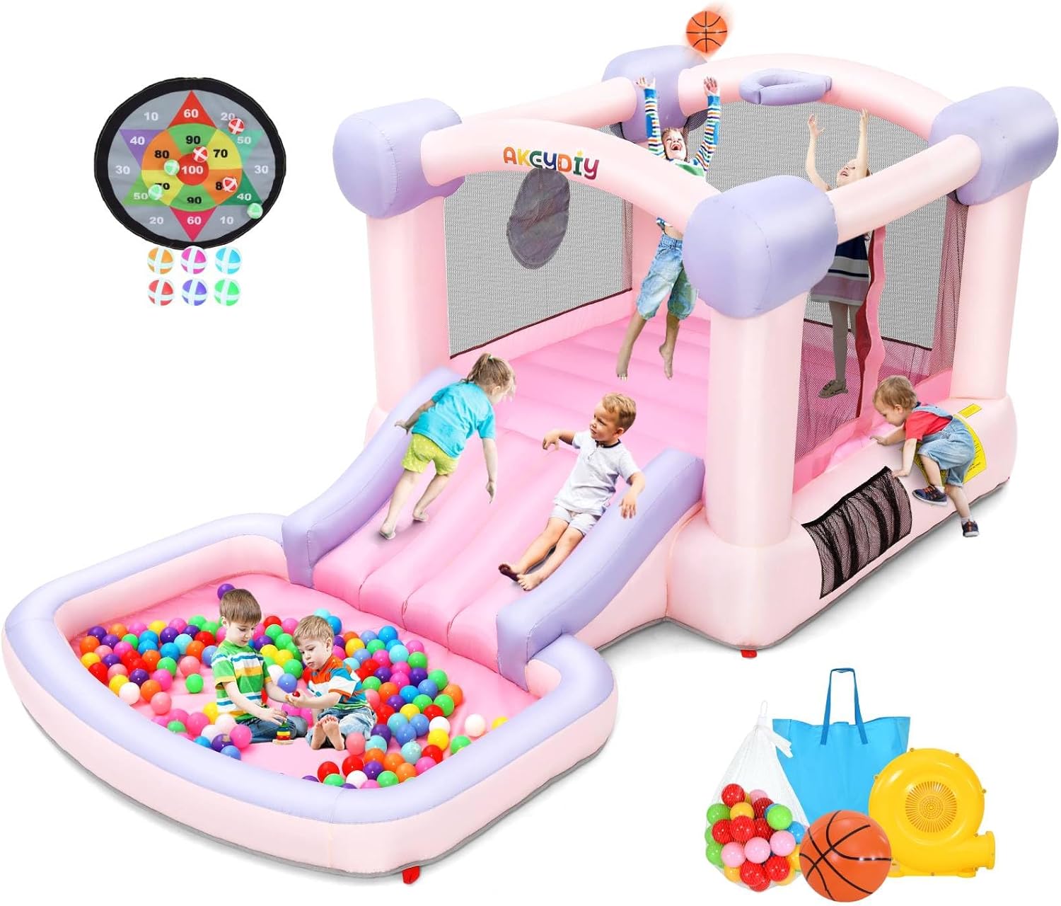 AKEYDIY Bounce House with Blower, 161x82x63 Inch Inflatable Bounce House Castle with Ball Pit and Slide, Pink Jumper Bouncy House Backyard Indoor Fun for Kids Birthday Party