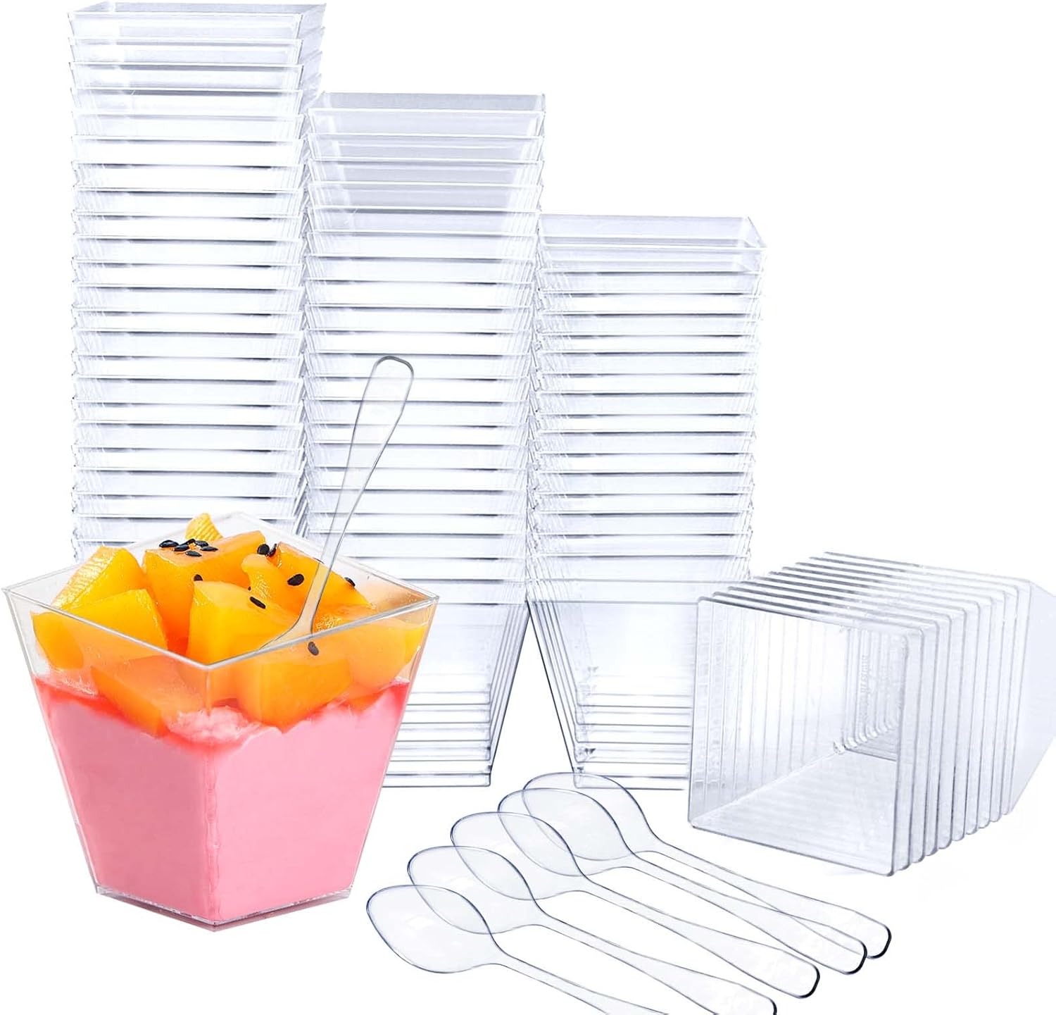 Uooker 100 Pcs Mini Dessert Cups, 2oz/60ml Plastic Trapezoid Dessert Pots, Clear Small Cup Reusable Serving Dessert Bowl for Mini Cheesecake Jelly Candy Dessert Pudding Mousse Party(5 x 5cm)
