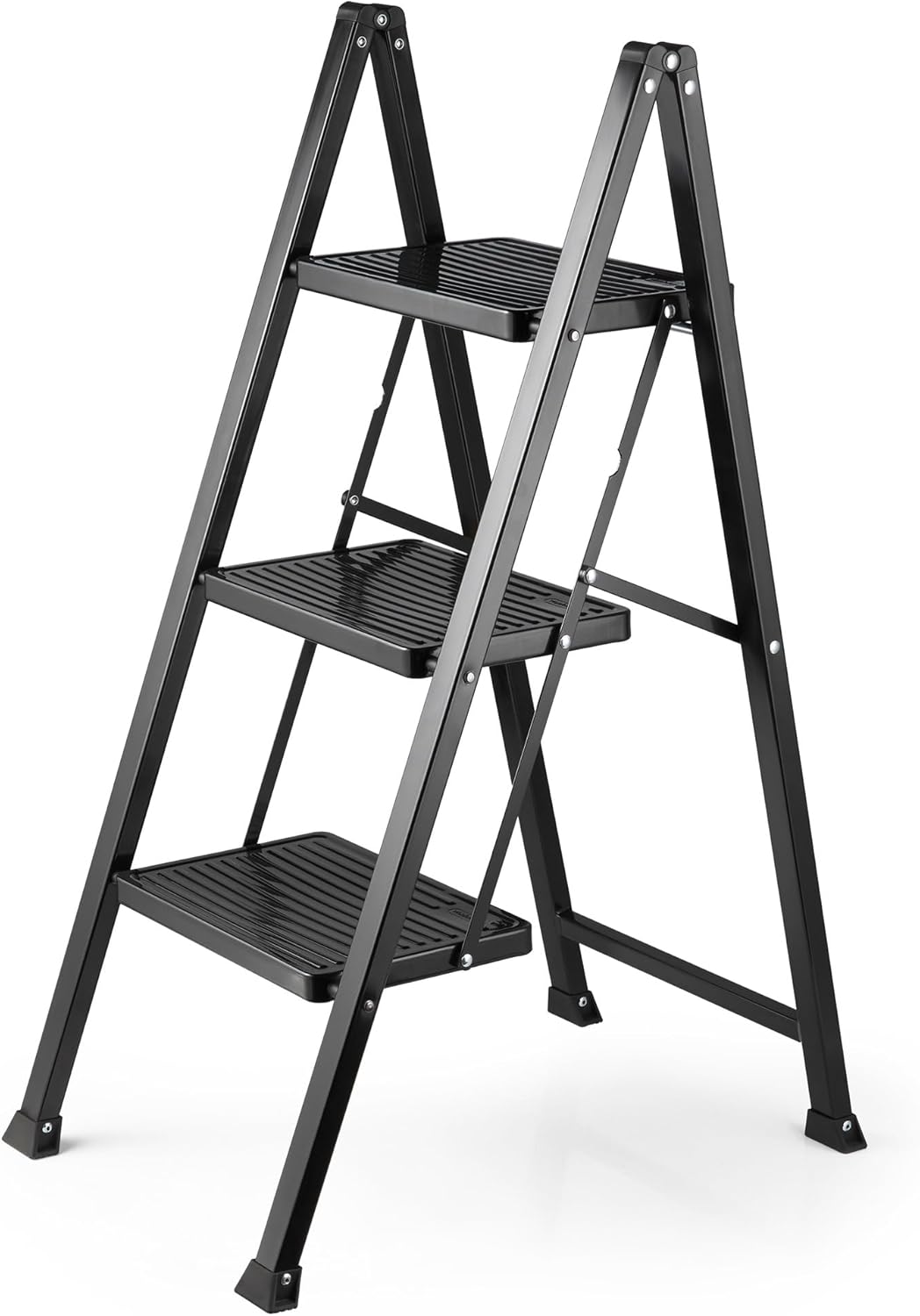VonHaus Slim 3 Step Ladder with Anti Slip Steps and Feet - Black Lightweight Folding Stepladder - 150KG Max Capacity, Easy to Store - Ideal for Home/Kitchen/Garage Household Ladder