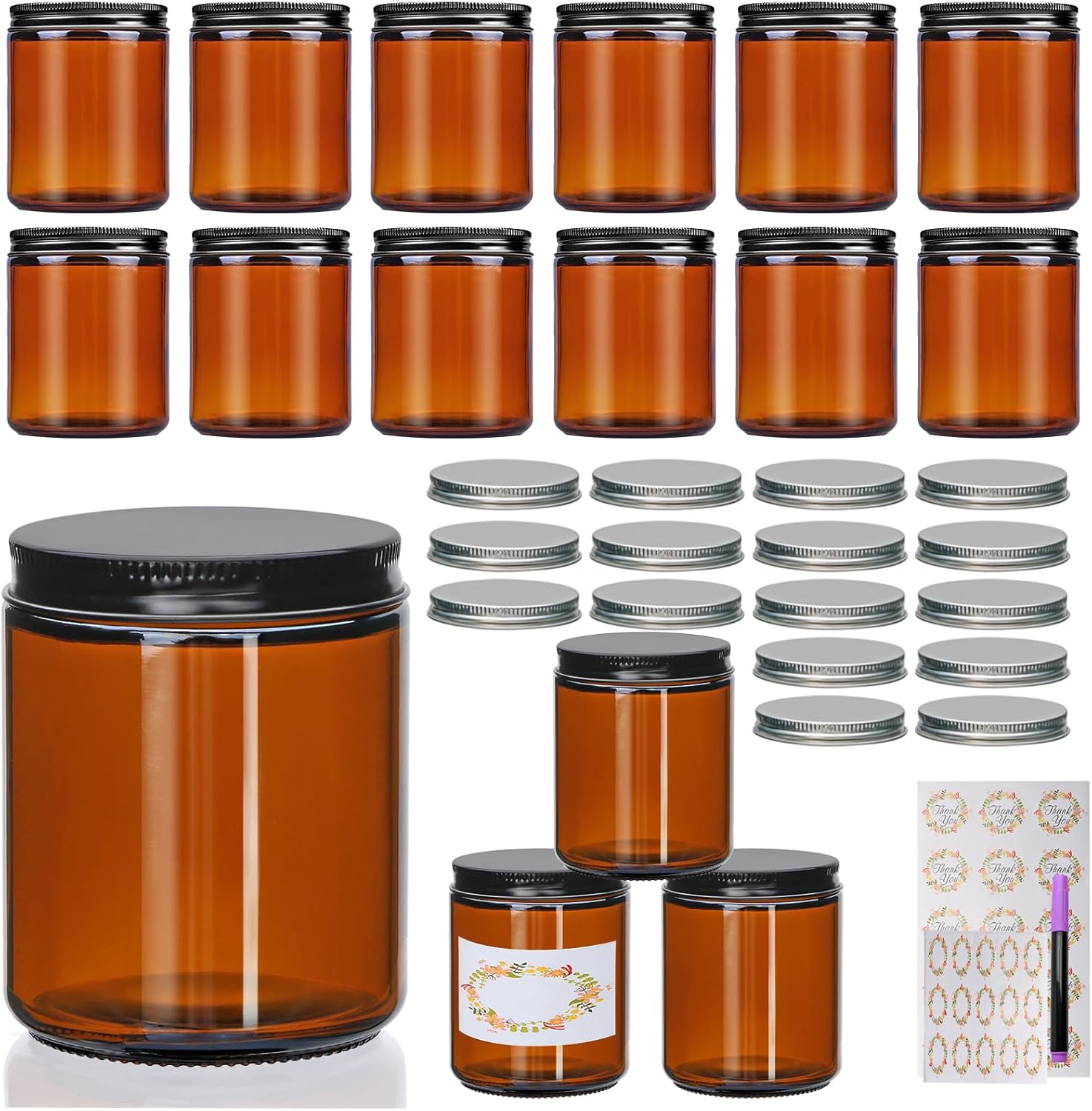 16 Pack 8oz Amber Glass Jars with Lids,Small Mason jars with lids 8oz,empty Candles Jars,Canning Jars,Spice Jar,Glass Jar for Cosmetic,Scrubs, Lotions,Ointments