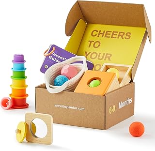 Tiny Land Montessori Toy Set for Babies 6-9 Months - 4-in-1 Wooden Learning Toys with Object Permanence Box, Sensory Ball & Treasure Basket, Stacking Cups and Mirror Puzzle