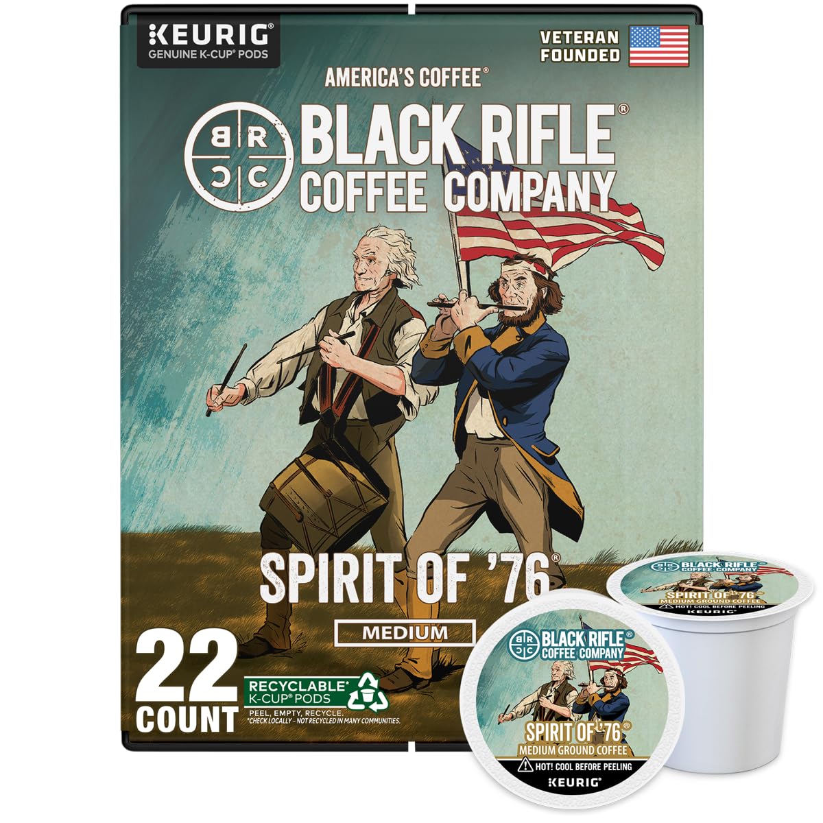 Black Rifle Coffee Medium Roast K Cup Coffee Spirit of 76 22 Count | Veteran Founded, 100% Arabica, citrus, caramel & roasted almond, Fits All Keurig Models, coffee pods, keurig