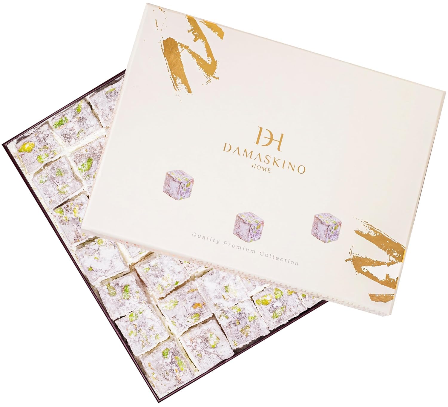 Damaskino Home Pistachio Turkish Delight Gift Box 1 lb 1 oz - 25 Pieces of Turkish Lokum with Premium Turkish Pistachios and Light Powdered Sugar