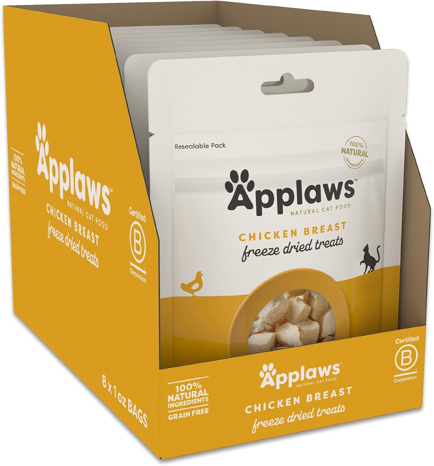 Applaws Chicken Breast Freeze-Dried Cat Treats 8-Pack 1.0 oz Bags | High Quality, Single-Ingredient, High Protein, Grain-Free, Healthy Snack, Cat Food Topper