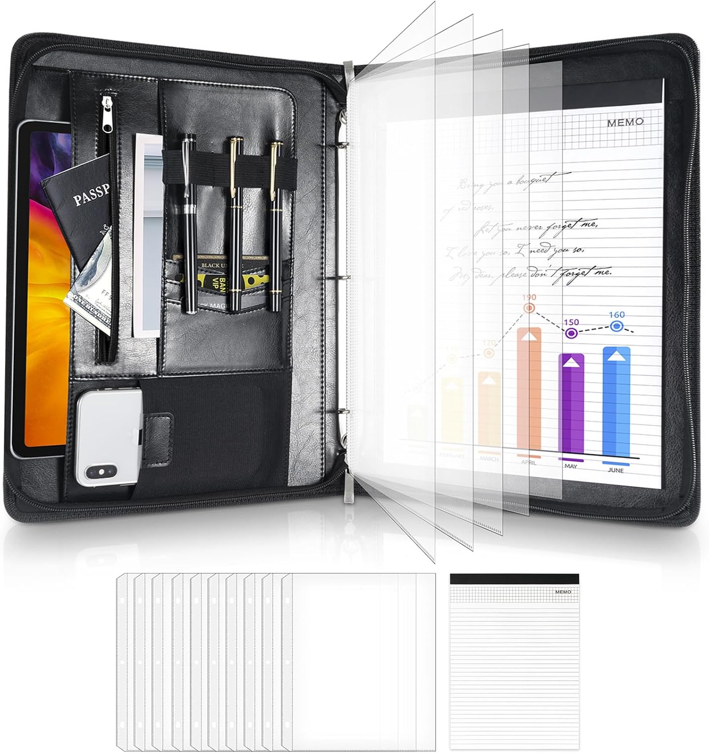 ProCase Portfolio 3 Ring Padfolio Folder Organizer, PU Leather Business Planner A4 Notepad Zipper File Binder Clipboard Removable Document Sleeve for Resume Interview Meeting -Black