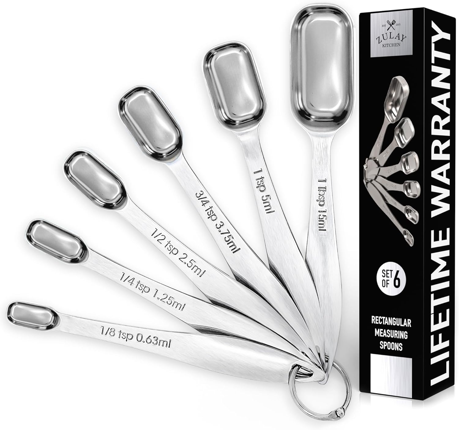 Zulay Kitchen 6 Piece Stainless Steel Measuring Spoons with Etched Markings & Removable Clasp, Teaspoon Measuring Spoon