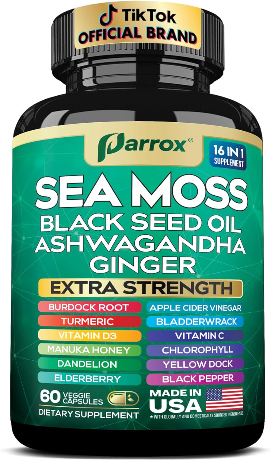 Sea Moss, Black Seed Oil, Ashwagandha, Turmeric, Chlorophyll, Dandelion, Ginger, Vitamin D3, Black Pepper, Elderberry, ACV, Yellow Dock, Burdock Root, Manuka, Vitamin C, Bladderwrack (60 Caps)