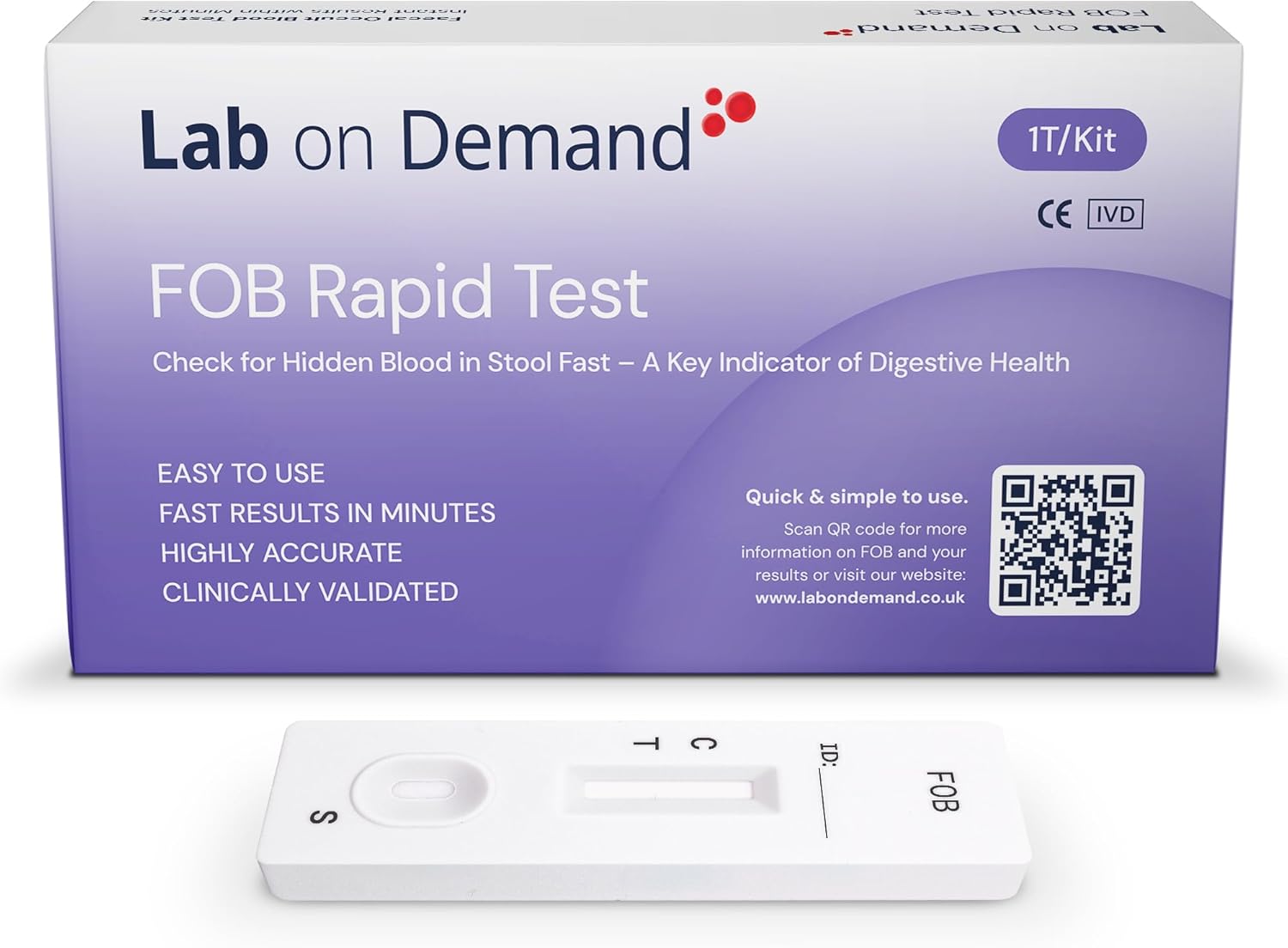 Lab on Demand FOB Stool Testing Kit 1T Pack - at-Home Fecal Occult Blood Bowel Health Test Kit - Fast & Accurate Results in Minutes, CE-Certified Fit Test for Digestive Care & Colorectal Screening