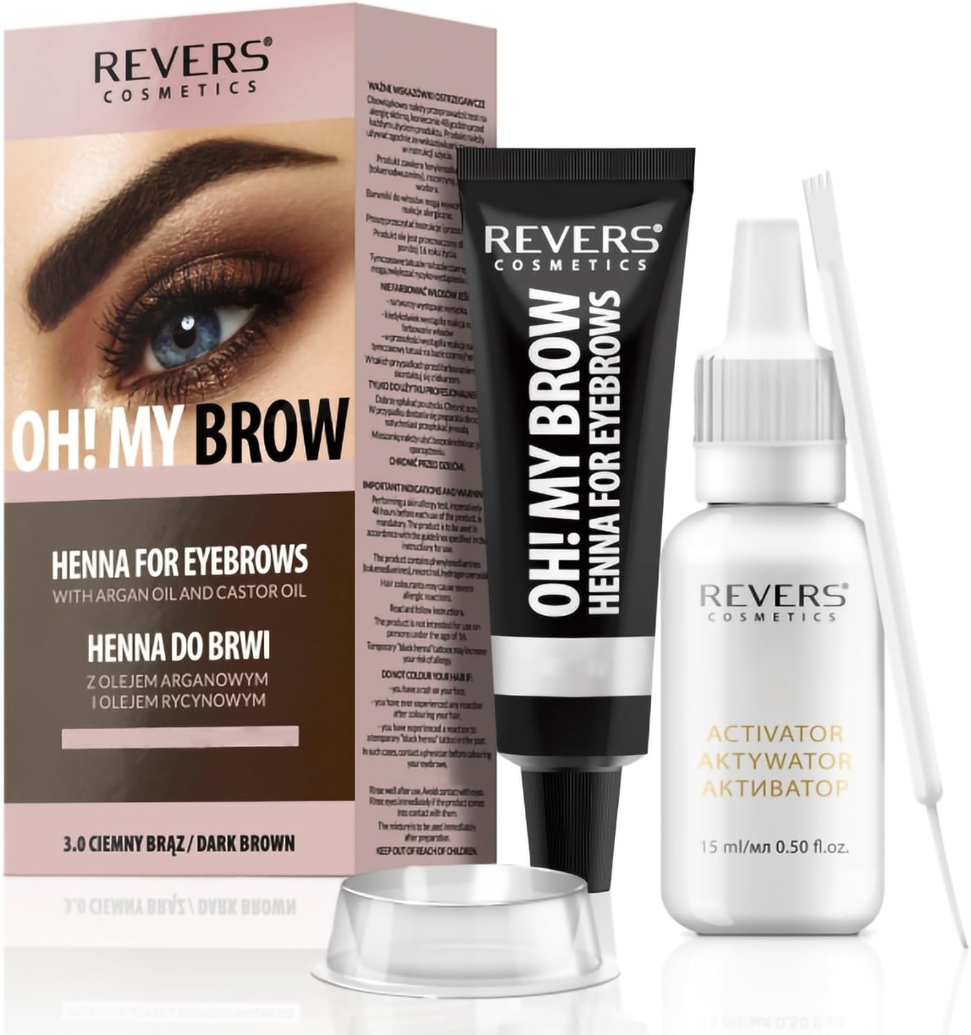REVERS COSMETICS Eyebrow Dye Kit Dark Brown Ammonia Free, Brow Tint with Argan Oil and Castor Oil, Salon Quality, Natural Result, Lasts Up to 4 Weeks, Up to 15 Applications