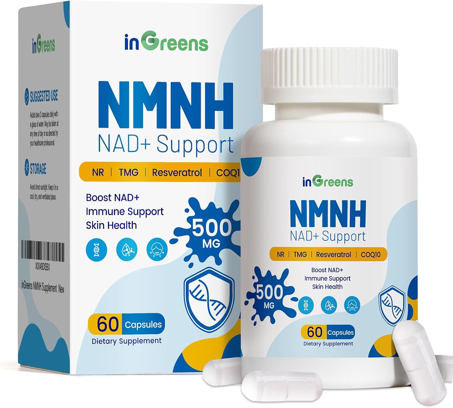 500mg NMNH, NMN Supplement Alternative with NR, TMG, Resveratrol, COQ10, NAD Supplement, Anti Aging, Energy, Boost NAD+ Levels, 60 Capsules