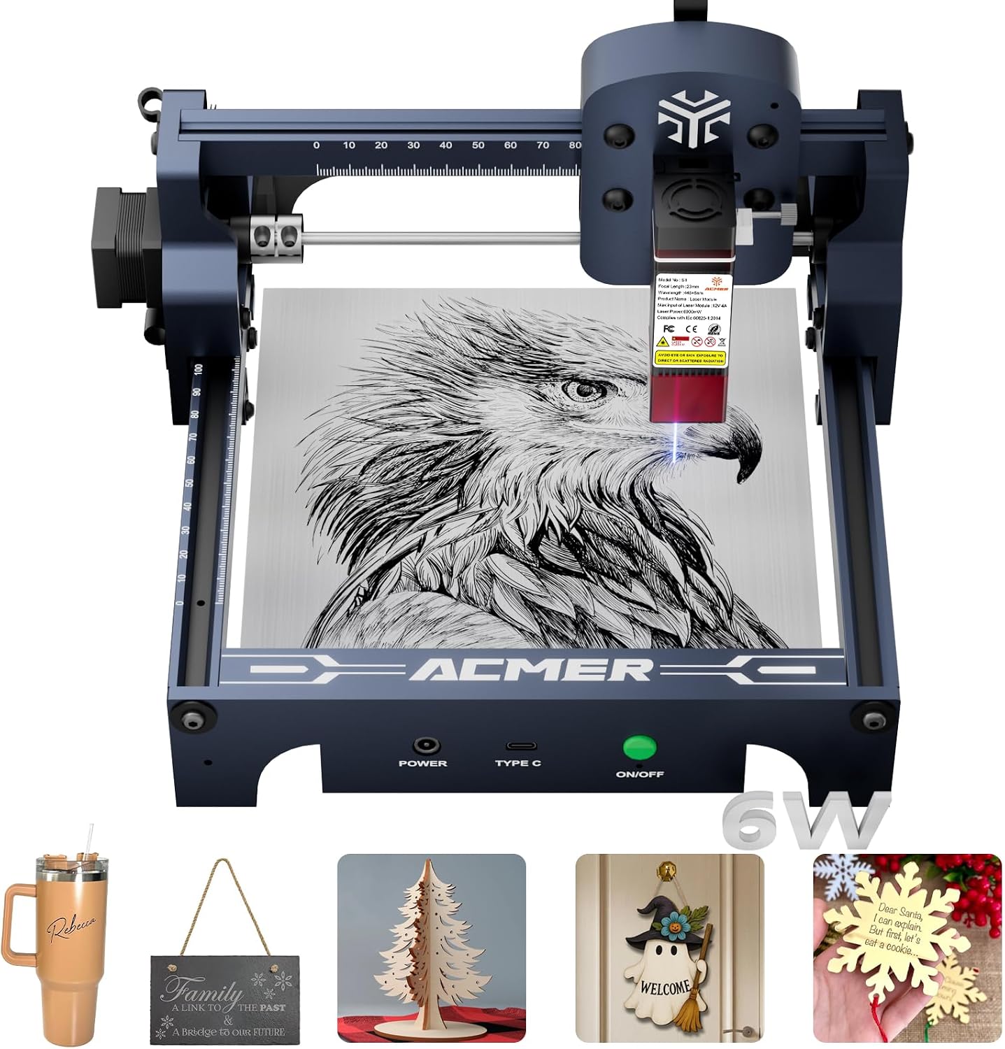 ACMER S1 Laser Engraver, 6000mW Laser Engraver Machine Higher Accuracy Lazer Cutter and Engraving Machine with Working Area 130x130mm,0.04mm Laser Spot Engraving Machines & Tools