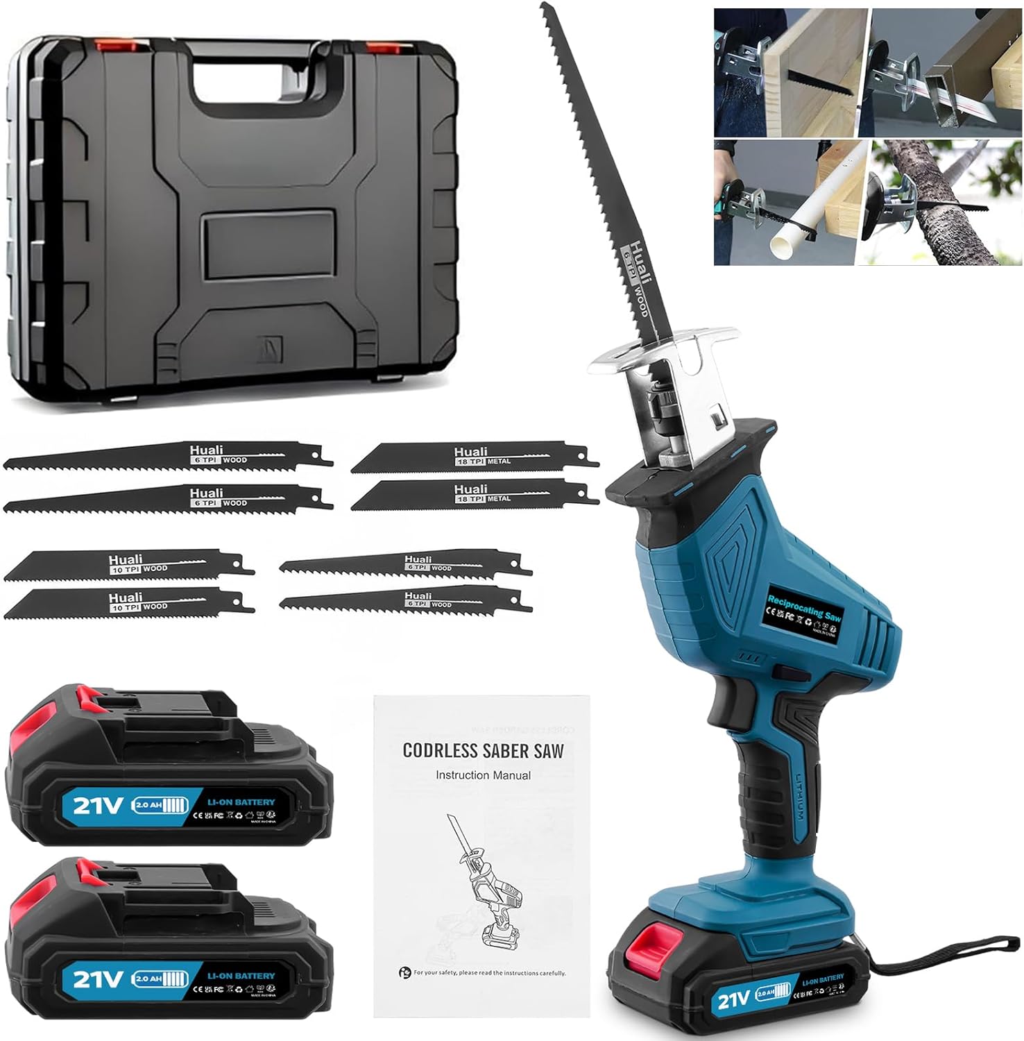 Reciprocating Saw 21V,0-4000 RPM Variable Speed Cordless Reciprocating Saws,Electric Saws with 8 Saw Blades,2x2000mAh Batteries,Fast Charger,LED Light,Tool-Free Blade Change for Wood Metal PVC Cutting