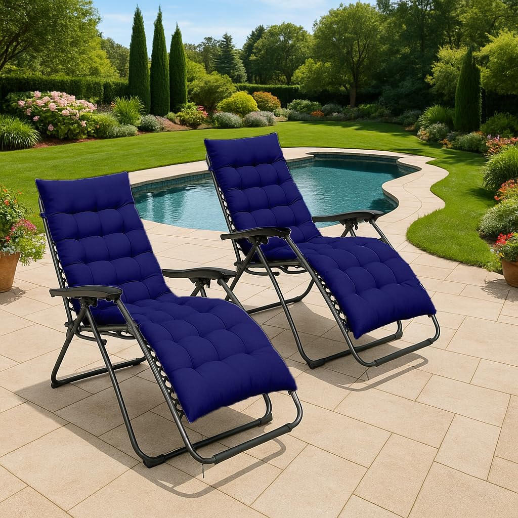 XEO HOME 2pcs Sun Lounger Chairs with Cushions Padded Set of 2 Zero Gravity Reclining Foldable Chair Portable Garden Camping Thick Comfortable Non-Slip Relaxer (Blue Chair with Blue Cushion)