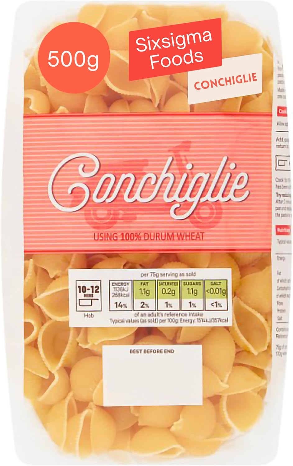 Sixsigma Foods Jack's Conchiglie (12 x 500g) - Perfect for Holding Sauces, Cheese or Veggie Mixes Classic Shell Shaped Pasta Made from Durum Wheat (Case of 12)