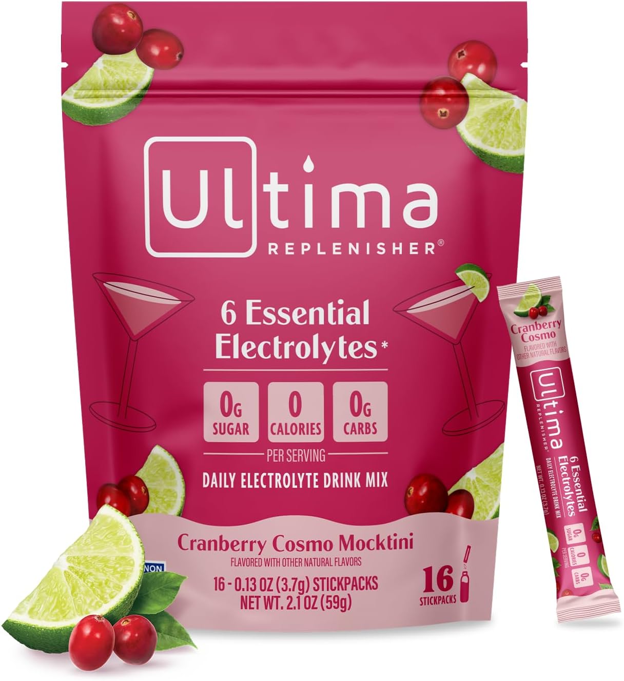 Ultima Replenisher Cranberry Cosmo Electrolyte Packets, 16 Stickpacks | Daily Zero Sugar Powder Hydration Packets with 6 Key Electrolytes & Minerals - Sugar Free & Keto Friendly