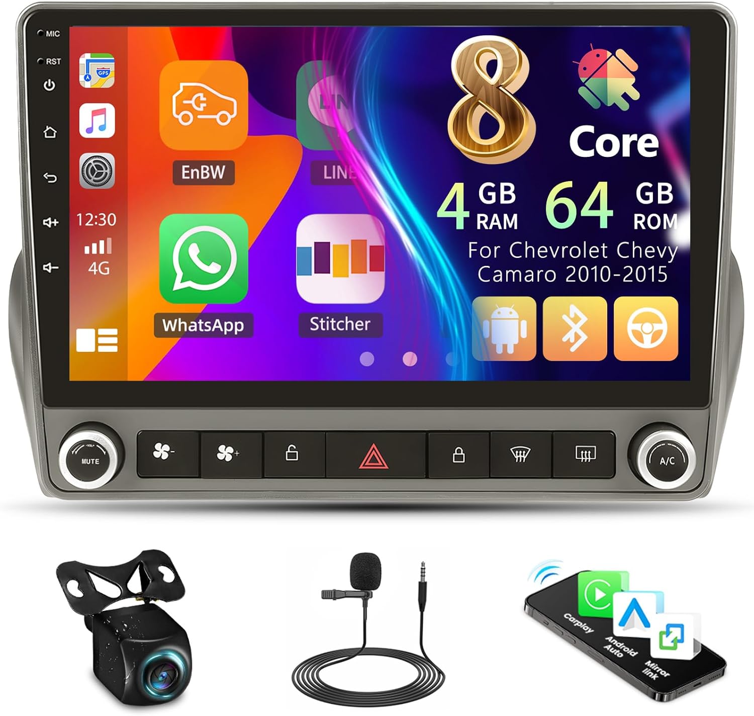 [8 Core 4G+64G] Car Radio for Chevrolet Chevy Camaro 2010-2015 with Wireless CarPlay Android Auto,9" Touchscreen Android 13 Car Stereo with Mirror Link WiFi/GPS,Bluetooth,FM/RDS DSP+Backup Camera