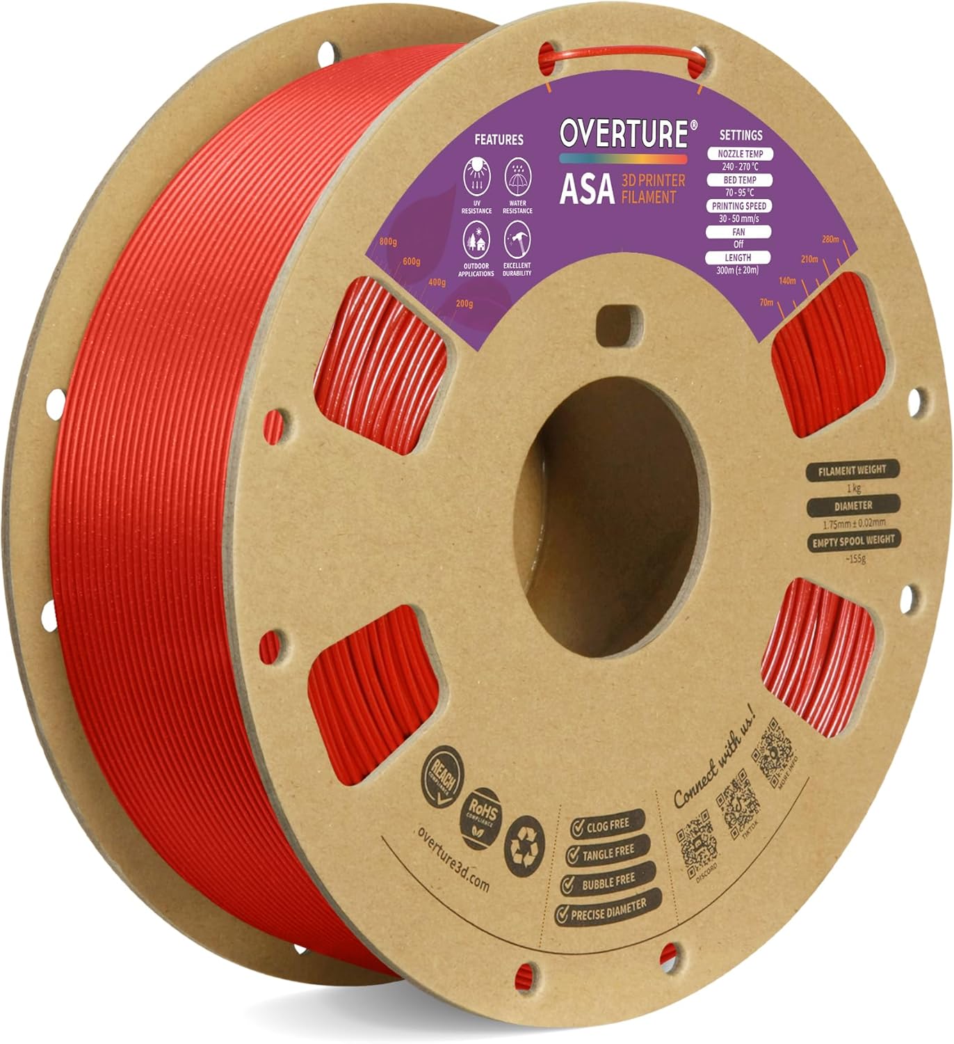 OVERTURE ASA Filament 1.75mm, 1kg Spool (2.2lbs) 3D Printer Filament, Premium Anti-UV, ASA Filament Perfect for Printing Outdoor Functional Parts, Dimensional Accuracy +/- 0.02 mm (Dimond Red)