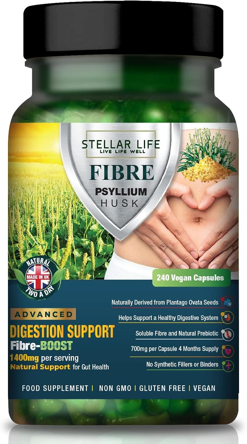 240 X Psyllium Husks Fibre Supplement – 1400mg per Serving – Naturally High in Soluble Fibre – High Strength Vegan Capsules – 4 Months Supply – Made in The UK