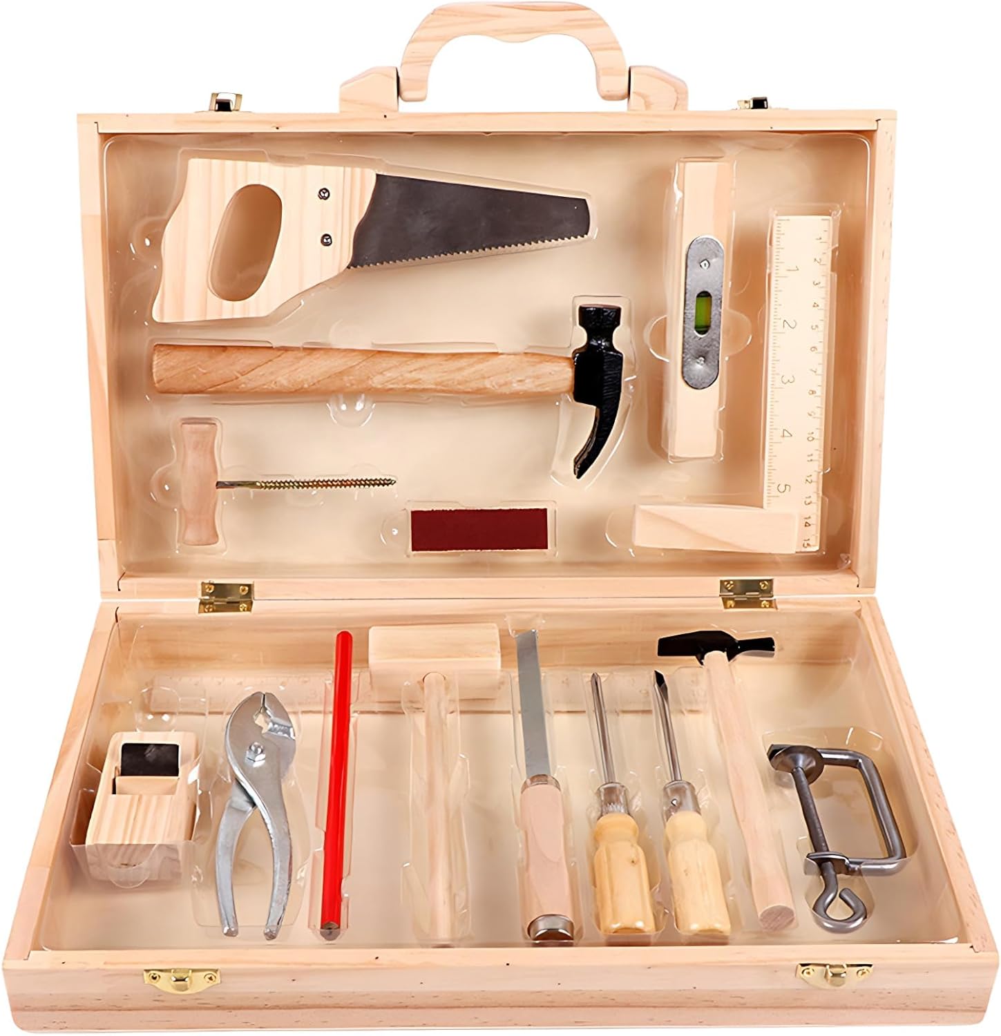 Kids Wooden Tool Set Toy Wooden Tool Box Tools Kit Role Play Montessori Mock Disassembly Construction Toys Realistic Garden Play Set with Box Case and Tools Accessories for Boys Girls Ages 3+