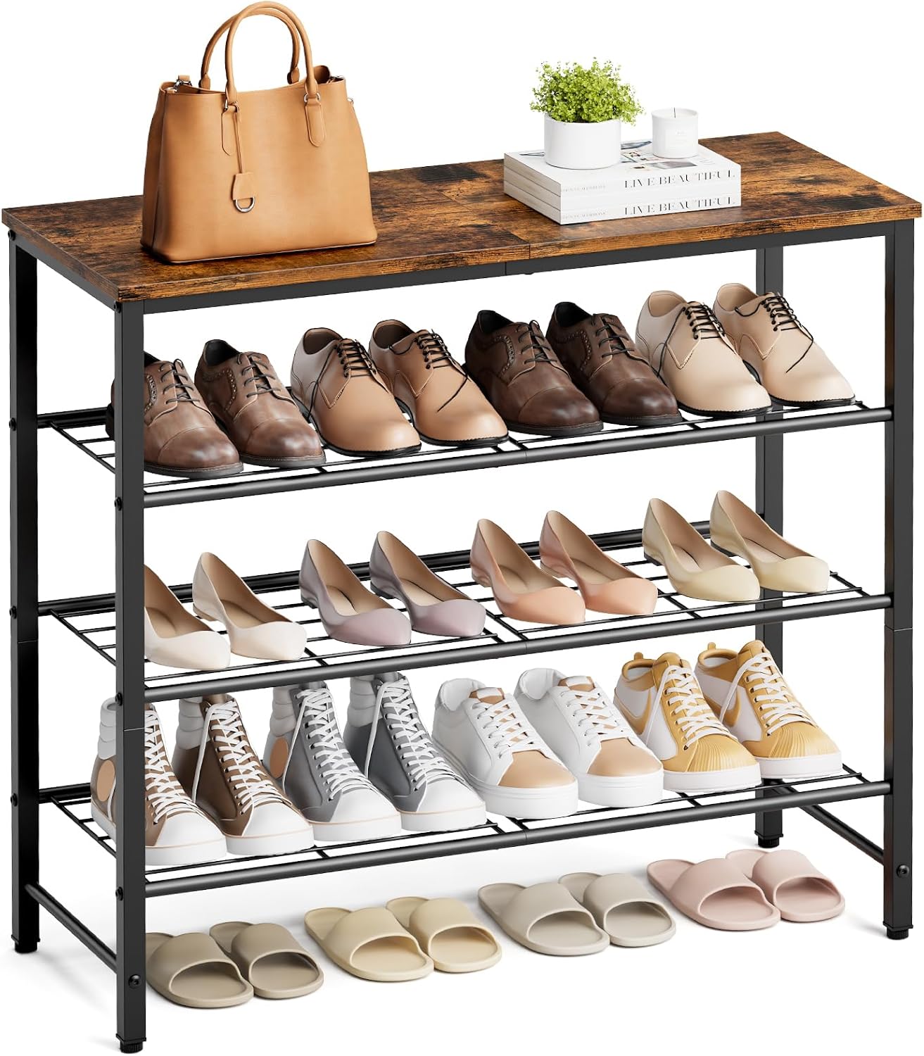 Kitsure Shoe Rack for Closet, Rustic Brown Shoe Storage with Leveling Feet, Sturdy & Rust-Proof Shoe Shelf for Entryway, Bedroom, Living Room, 75.0 x 63.0 x 29.0 cm, Brown