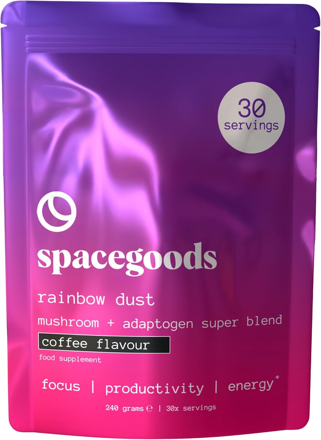 Spacegoods Rainbow Dust 240g | 30 Servings | Flavoured Mushroom Coffee | 120mg of Natural Caffeine | Lions Mane, Chaga, Ashwagandha & Vitamin B5| Sharper Focus, Energy & Calm | Coffee