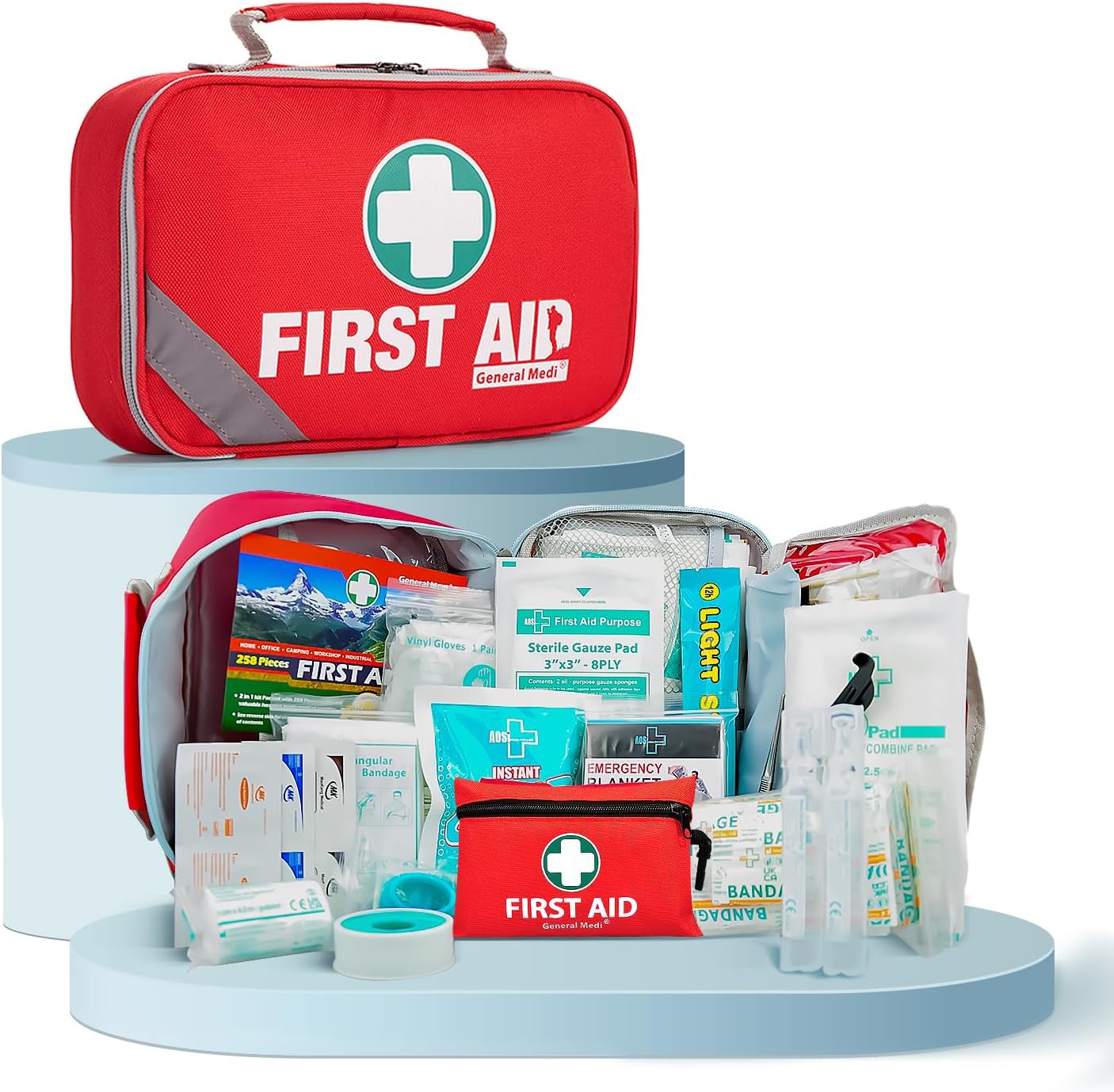 General Medi First Aid Kit (215 Piece) + 43 Piece Mini First Aid Kit - Includes Emergency Blanket, Bandage, Scissors for Home, Car, Camping, Office, Boat, and Traveling