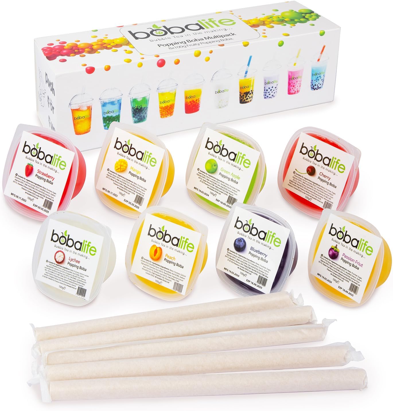 Bobalife Bubble Tea in the Making - Gluten Free DIY Bubble Tea Kit with 8 Fruity Popping Boba Flavors Including Mango - 8x100g Multipack with Bamboo Straws for Drinks & Desserts | Vegan
