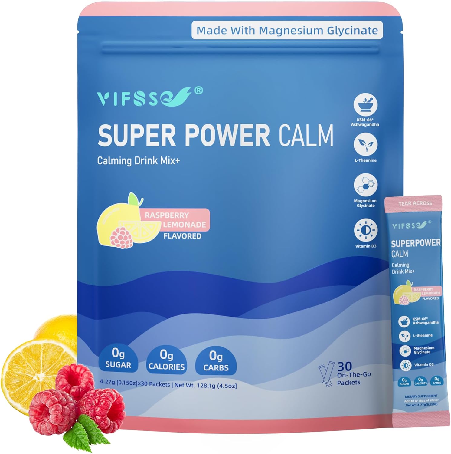 Super Power Calming Powdered Drink Mix, Raspberry Lemonade 30 Packets, L-Theanine, Ksm-66 Ashwagandha, Magnesium Glycinate, Vitamin D3 Supplements, Sugar-Free, Non-GMO for Relax & Focus