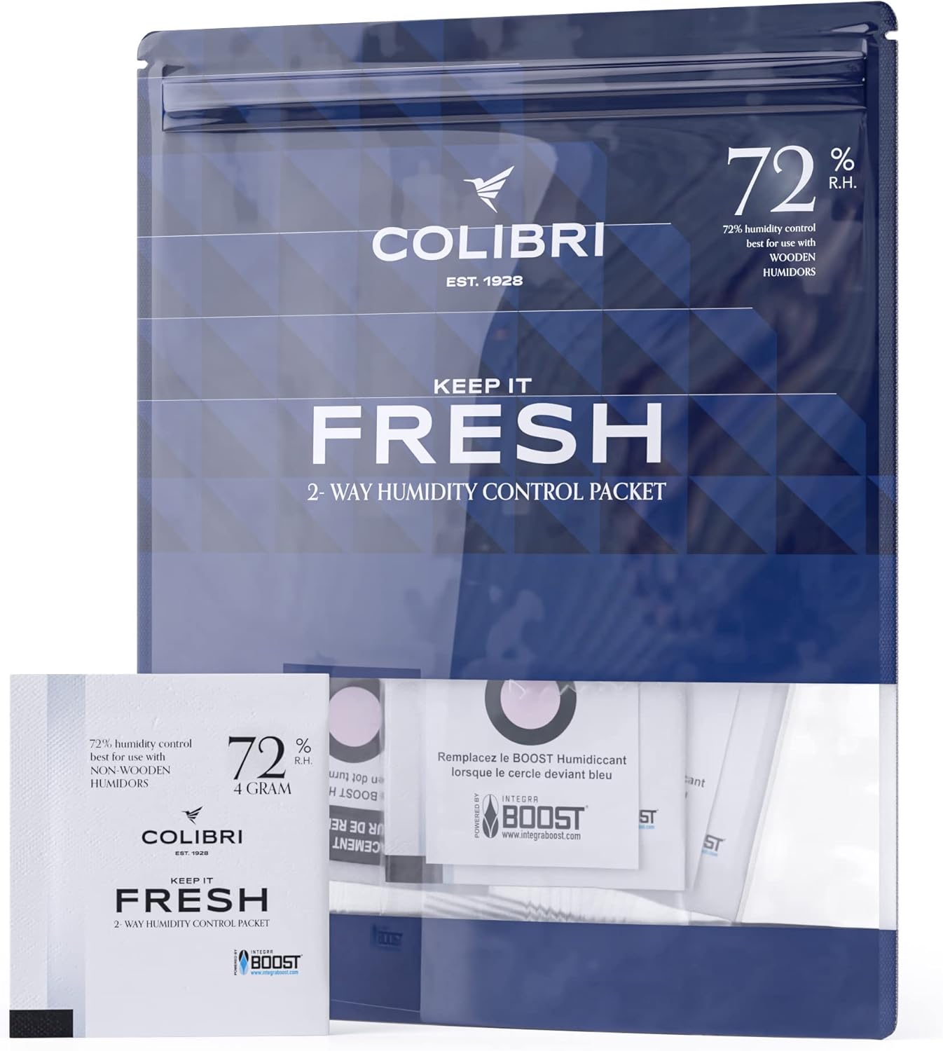 Colibri Fresh - Humidity Control Packs – RH 72%, 4 Grams – 12 Two Way Humidity Packs - Keep Your Herbs, Reeds, Cigars & Instruments Fresh – Powered by Integra Boost™ Technology