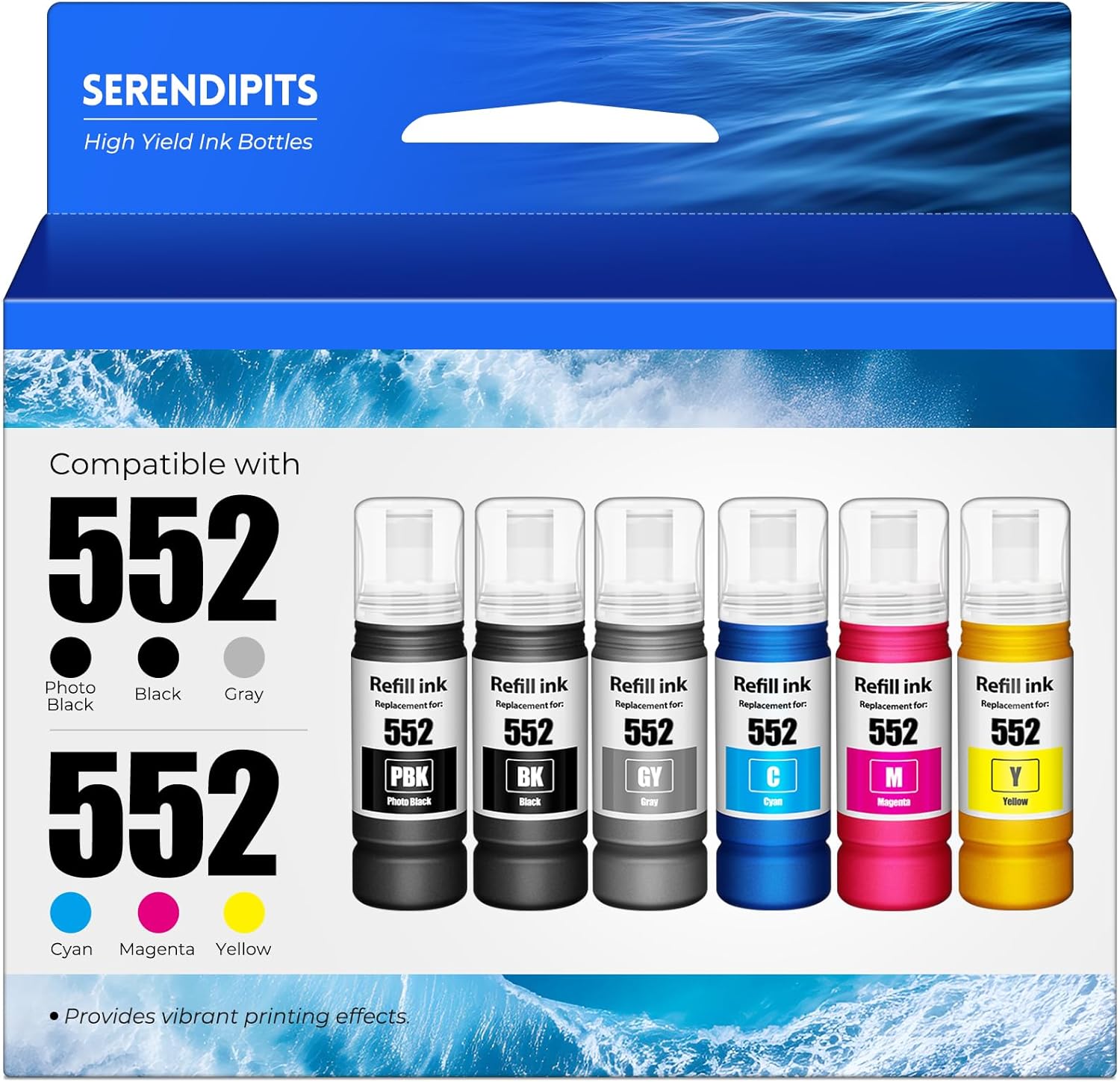 552 Ink Refill Bottles 6-Pack ET-8550 ET-8500 Ink Refill Bottle T552 Replacement for 552 Ink Refill Bottle Works with ET 8550 ET 8500 ET8550 ET8500 Printer (BK PB C M Y GY)