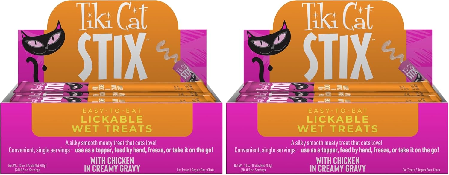 Tiki Cat Stix Mousse Treats, Single Serve Indulgent Lickable Treat or Dry Food Topper, with Chicken in Creamy Gravy, 0.5 oz. Servings (Pack of 40)