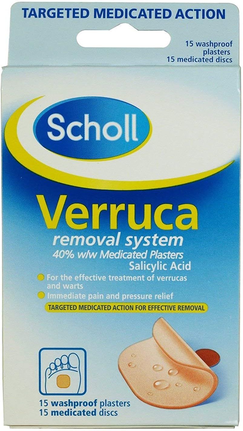 Scholl Verruca Removal System - 15 Washproof Plasters & Medicated Discs, with Salicylic Acid, Targeted Action for Effective Verucca Removal