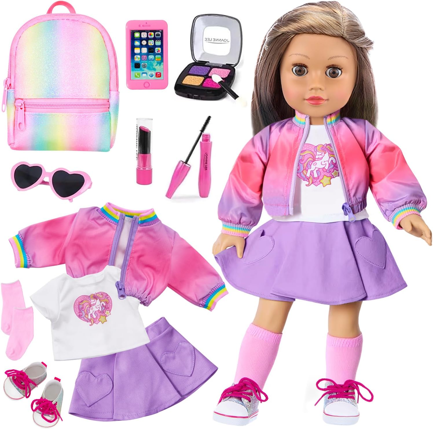American 18 Inch Doll Clothes and Makeup Accessories Set - Doll Makeup Doll Outfit Playsets Bundle with Rainbow Backpack and Fashion Essentials (Doll NOT Included)