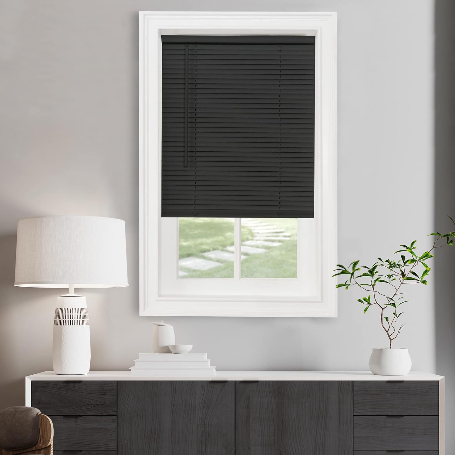 Cordless Light Filtering Mini Blinds for Indoor Windows - 35 Inch Width, 64 Inch Length, 1" Slat Size - Black - Cordless GII Morningstar Horizontal Windows Blinds for Interior by Achim Home Decor