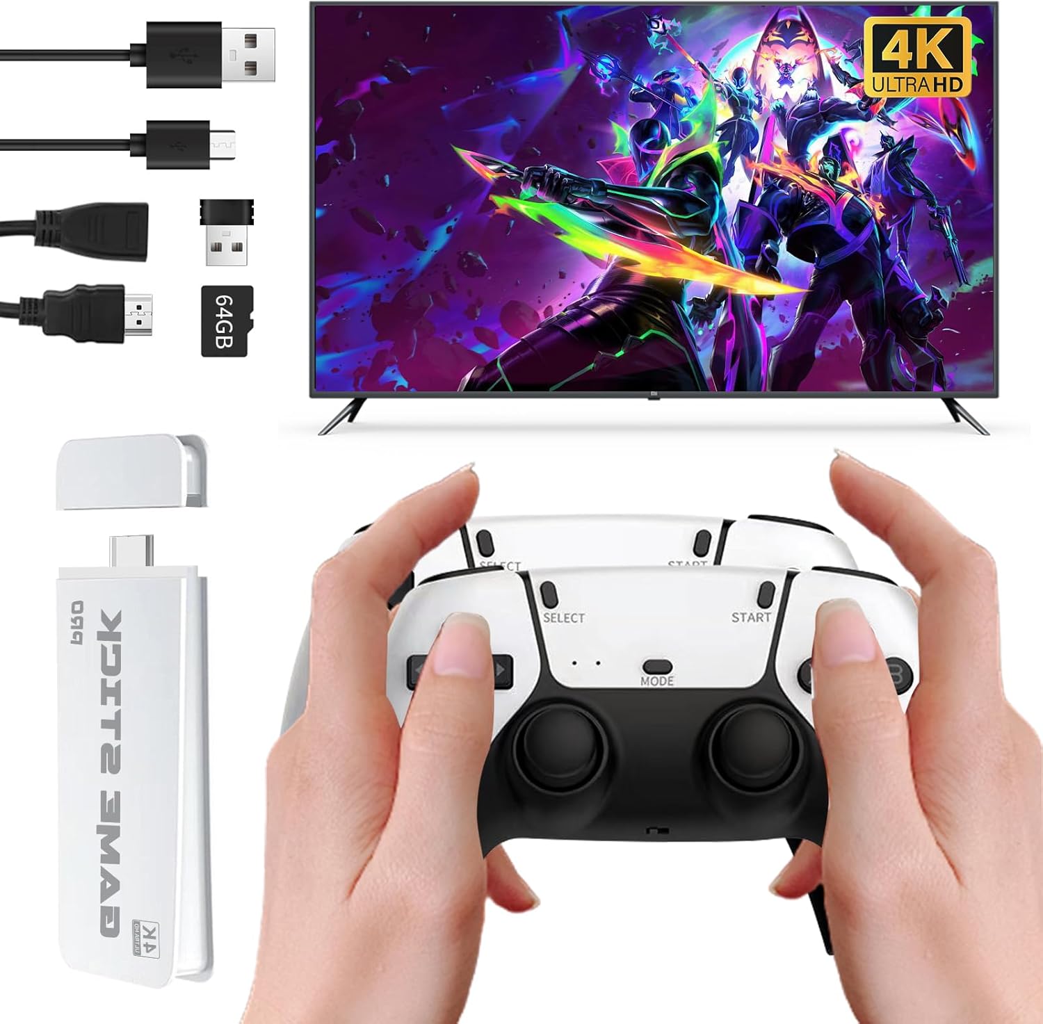Retro Game Console, Wireless Retro Game Stick, Game Stick 4K with Built-in 20,000+ Games, HDMI Output, 64GB, Plug & Play Games Consoles with Dual 2.4GHz Wireless Controllers