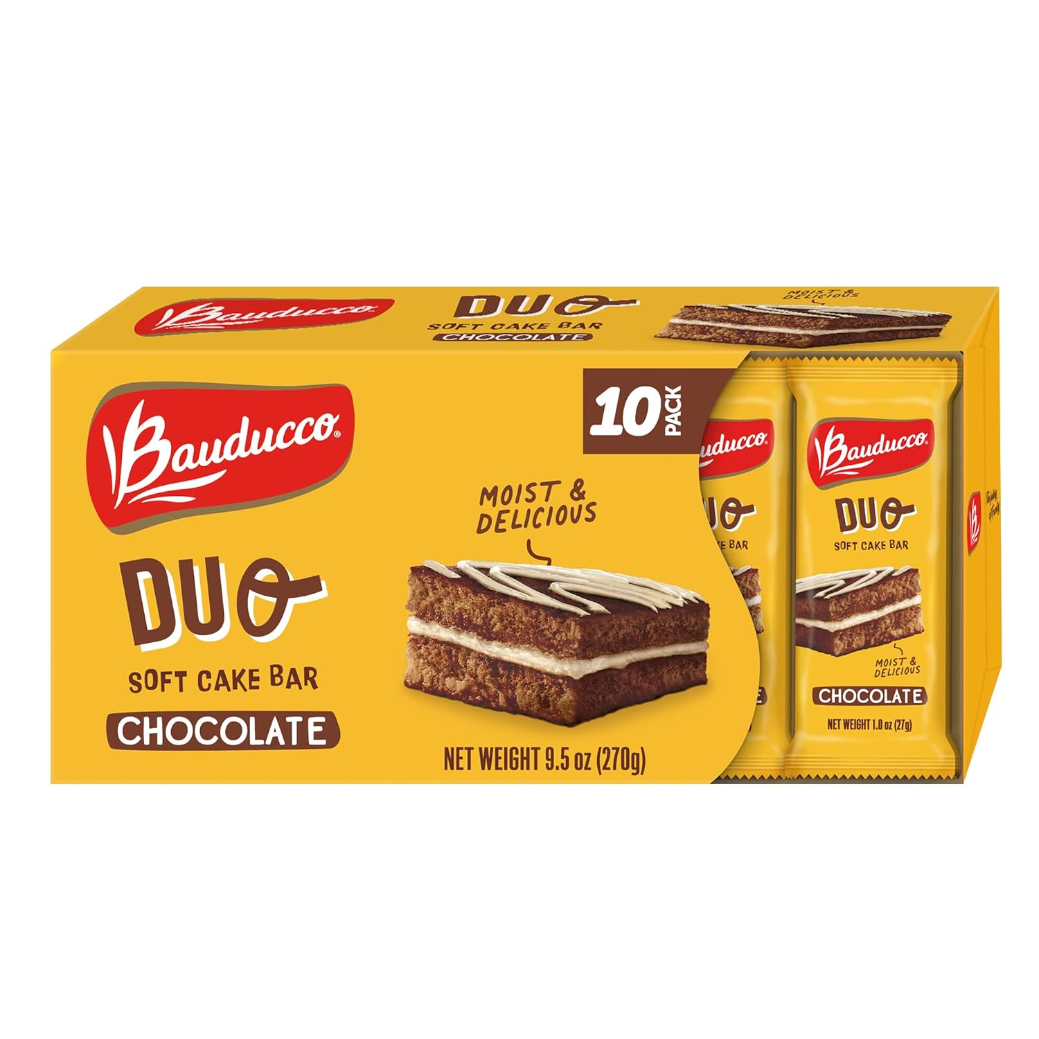 Bauducco Duo Cake Chocolate - Pack of 10 - Delicious mini layer cake, super soft and moist! Great for Snacks, Dessert & Lunch Box, 9.5 oz (Pack of 10)