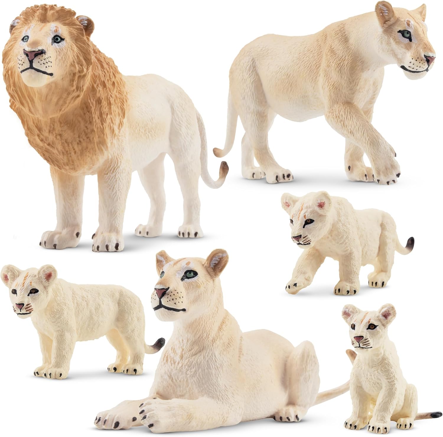 Toymany 6PCS White Lion Figurines with Lion Cubs, 2-5" Jungle Animals Figures Realistic Family Set Includes Baby Lions, Educational Toy Cake Toppers Christmas Birthday Present for Kids